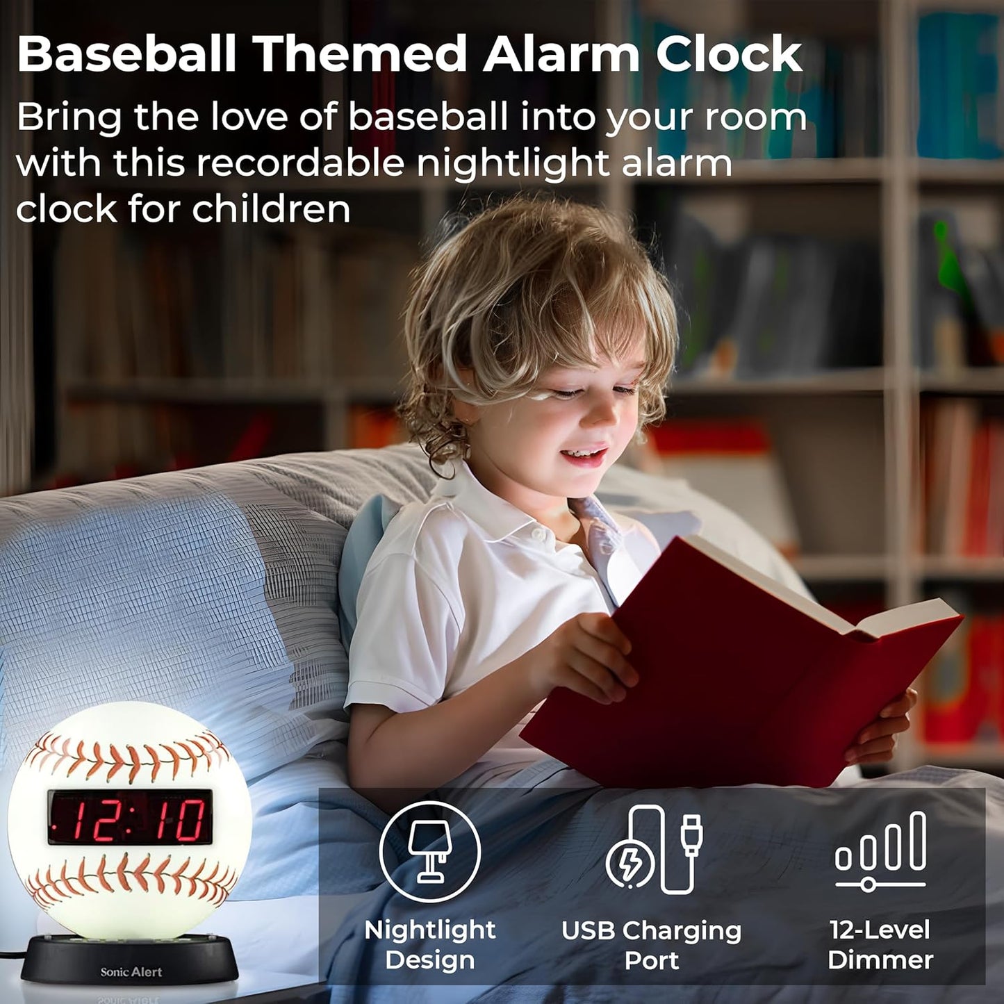 Sonic Alert Baseball Alarm Clock Nightlight for Heavy Sleepers - Loud & Compact Alarm Clock for Bedroom - Battery Backup & Full Range Dimmer - Easy to Set Digital Alarm Clock for Kids - AUX Connection