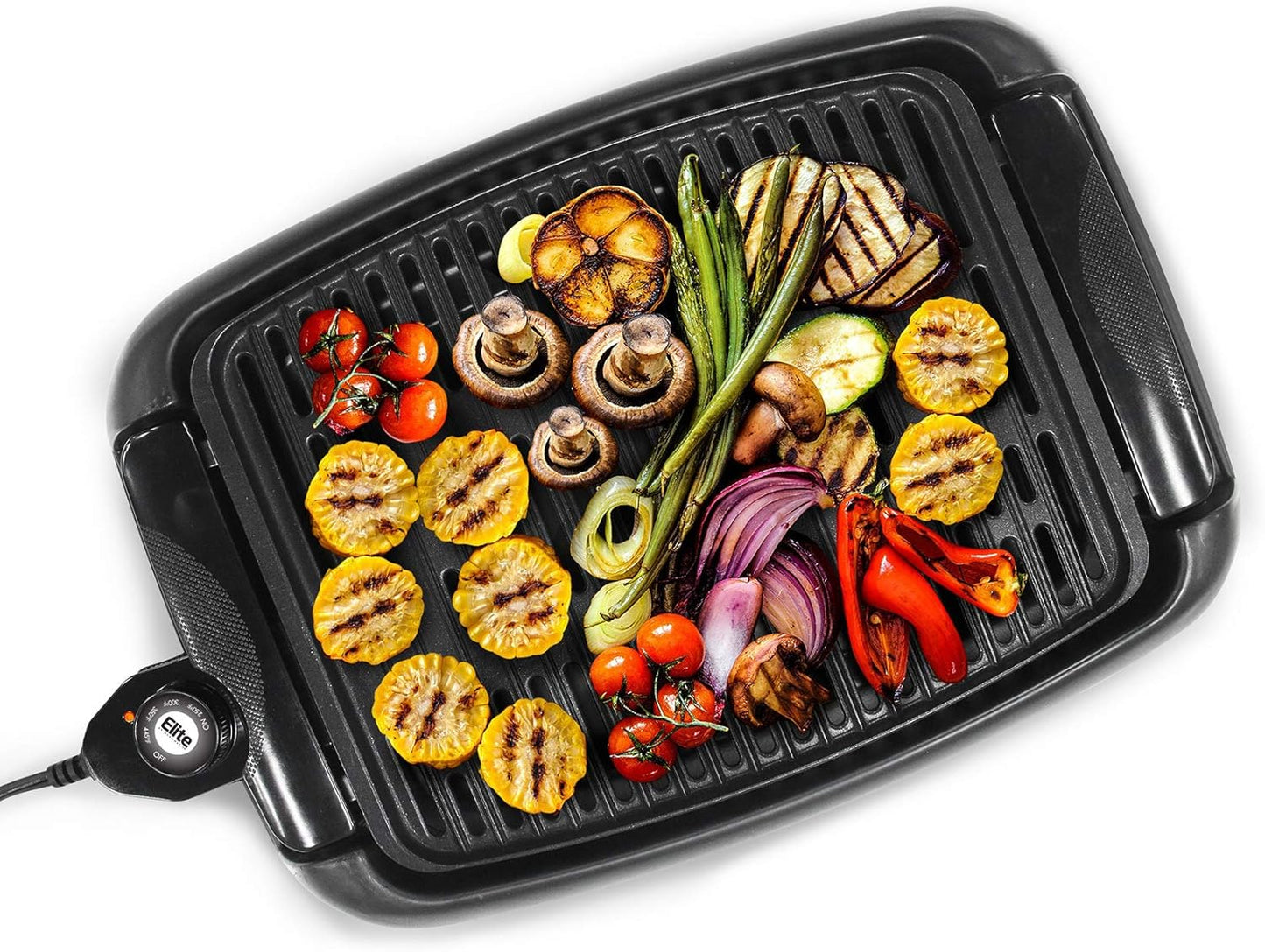 Elite Gourmet EMG6505G Smokeless Indoor Electric BBQ Grill with Glass Lid, Dishwasher Safe, PFOA-Free Nonstick, AdjCatable Temperature, Fast Heat Up, Low-Fat Meals Easy to Clean Design