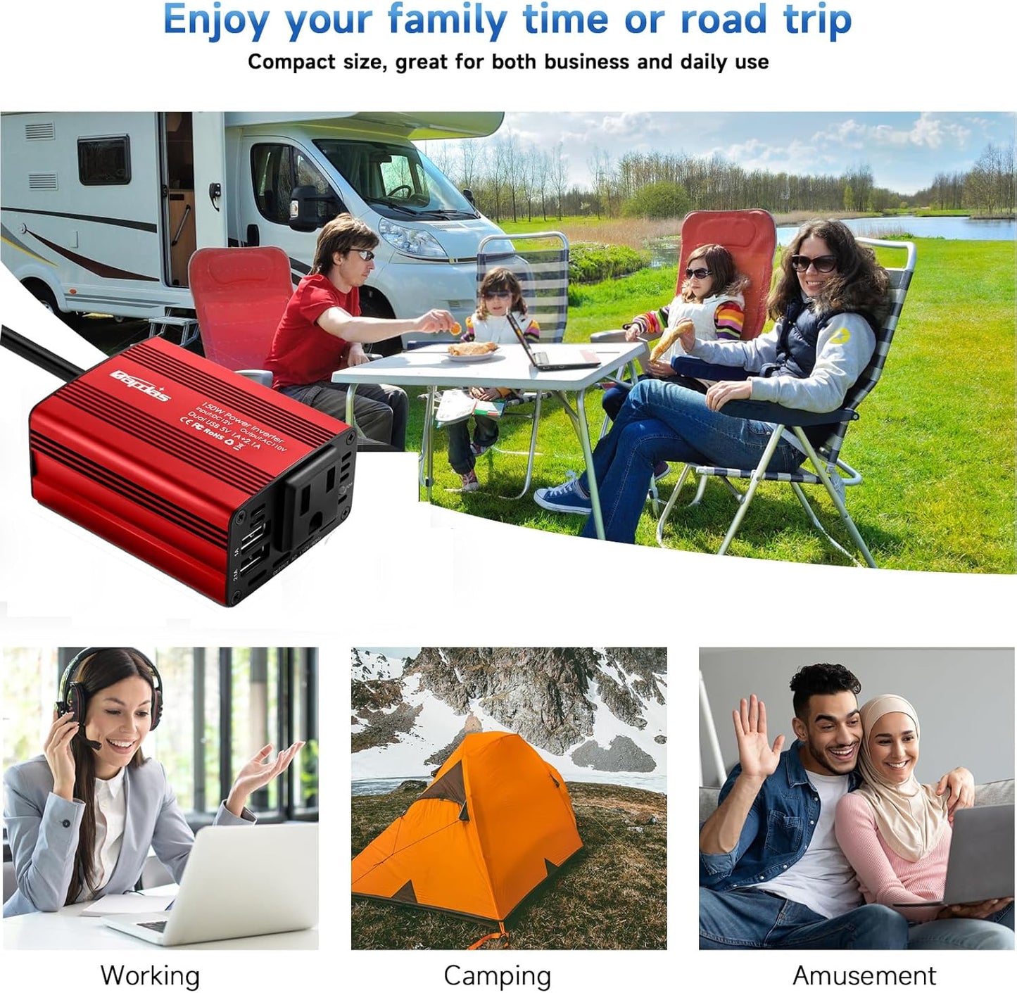 Bapdas 150W Car Power Inverter with 1 DC 12V to 110V AC Outlet Converter and 2 USB Ports Auto Charger Adapter for Laptops and Smartphones-Black