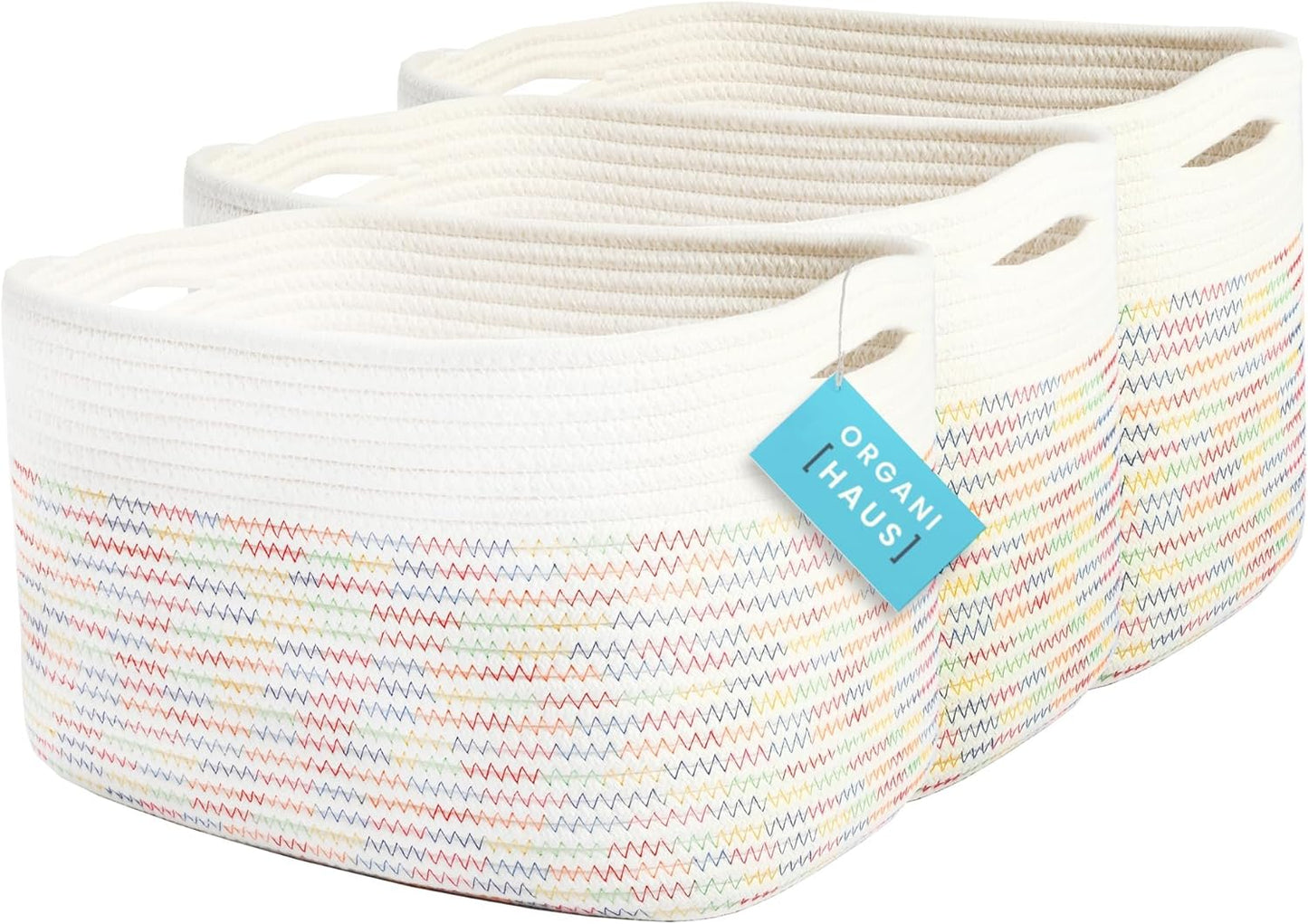 OrganiHaus Soft Woven Baskets for Storage Organization Set of 3, Cotton Rope Nursery Storage Baskets for Shelves, Square Book Bins, Bathroom Towel Hamper, Dog Toy Bins, Panier Rangement - Light Honey