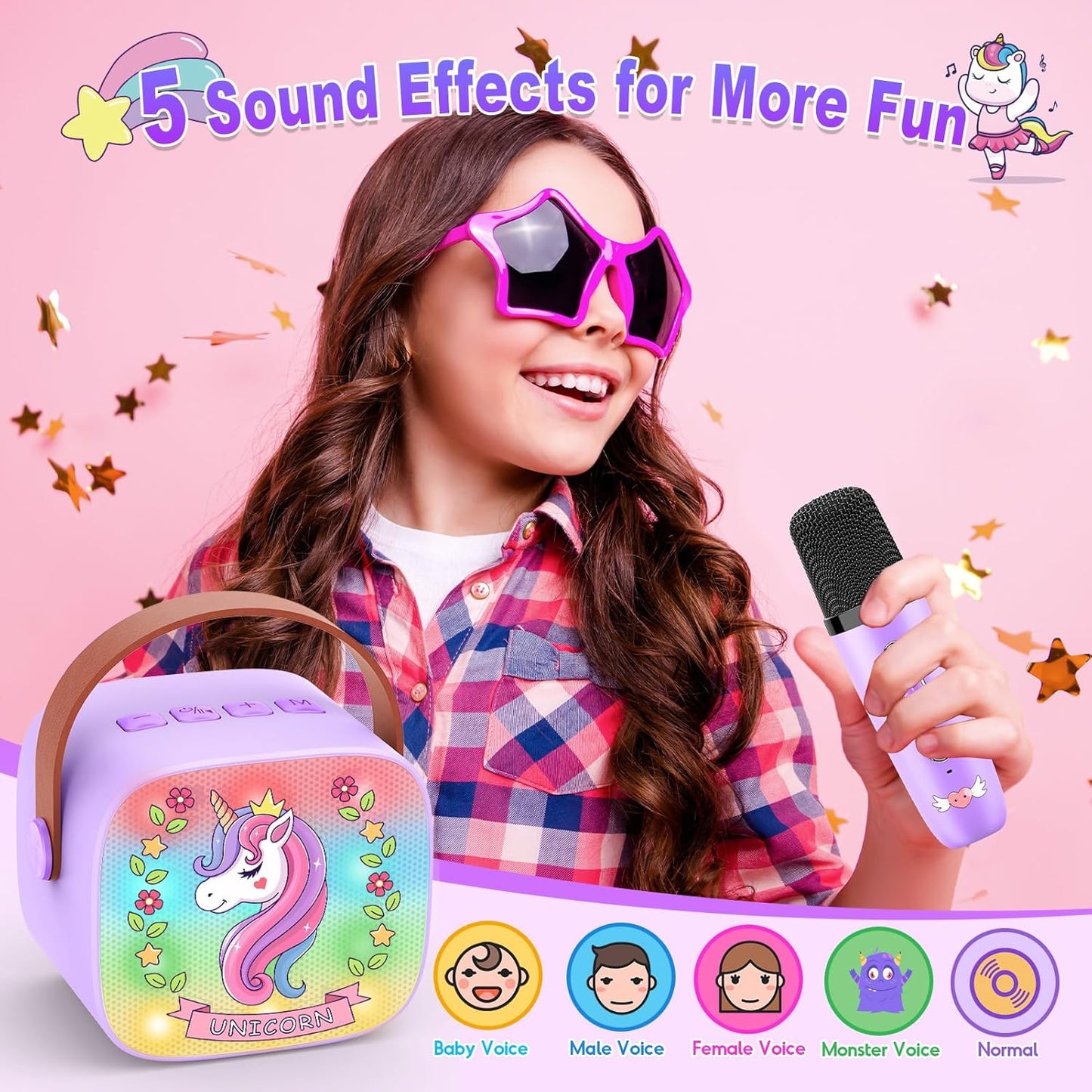 Mini Karaoke Machine for Kids, Exssary 3 4 5 6 7 8-12 Year Old Girl Gifts Portable Bluetooth Speaker with 2 Wireless Microphone Unicorn Toys Birthday Gifts for Girls Kids Teens (Pink)