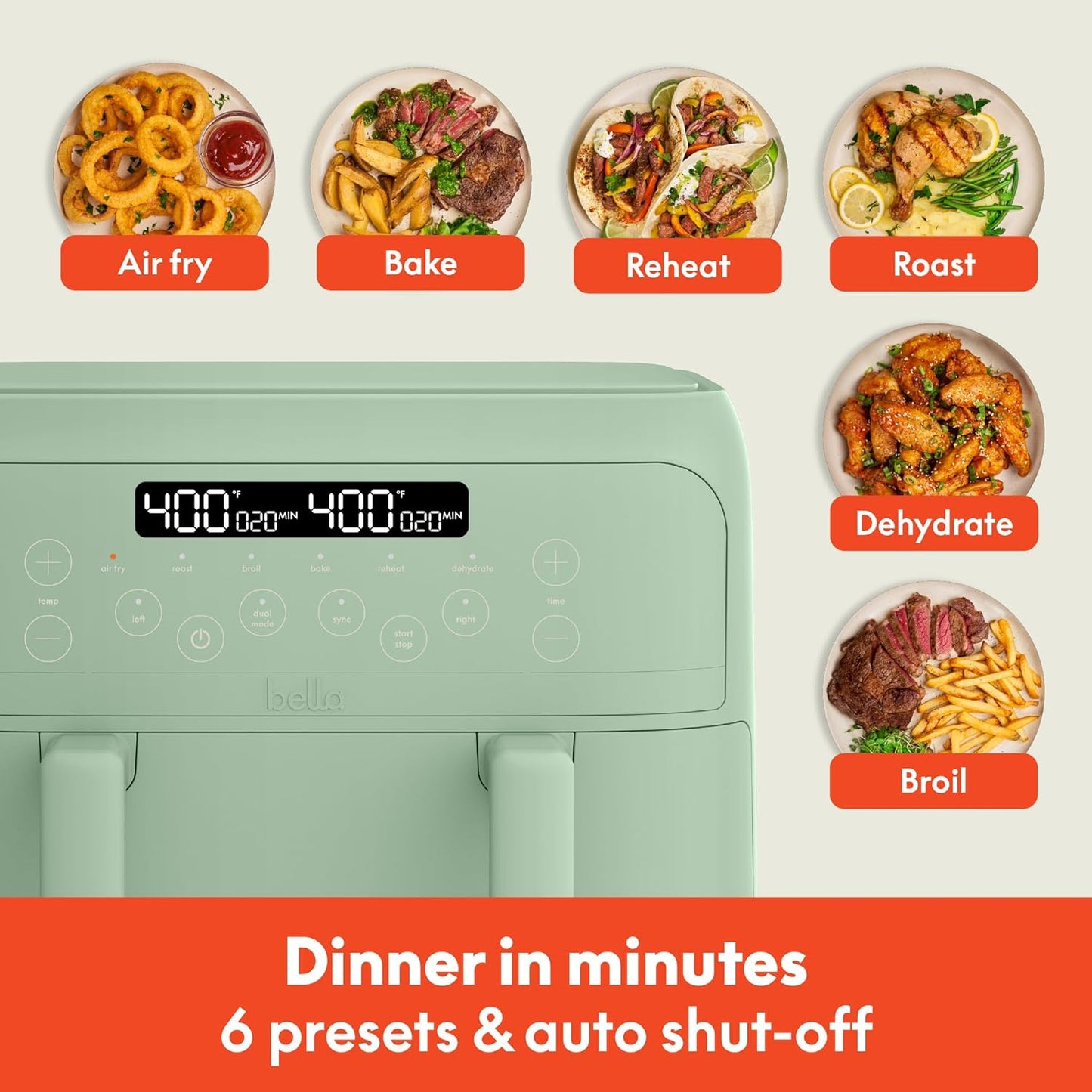 bella 4Qt Slim Air Fryer, Fits-anywhere Kitchenware, EverGood Ceramic Nonstick Coating, Adjustable Temperature, 6 Preset Cooking Options, 60 Min Auto Shutoff w Audible Tone, 3.3lb Capacity, Surf