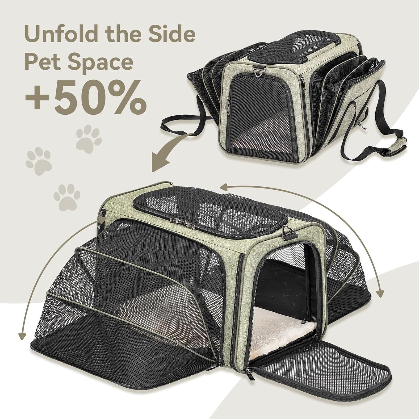 Petsfit Expandable Cat Dog Carrier Airline Approved, 17" L x 11" W x 11" H Soft-Sided Portable Pet Travel Carrier for Kitten, Puppy, Removable Soft Plush Mat and Pockets, Auto-Locking Zippers