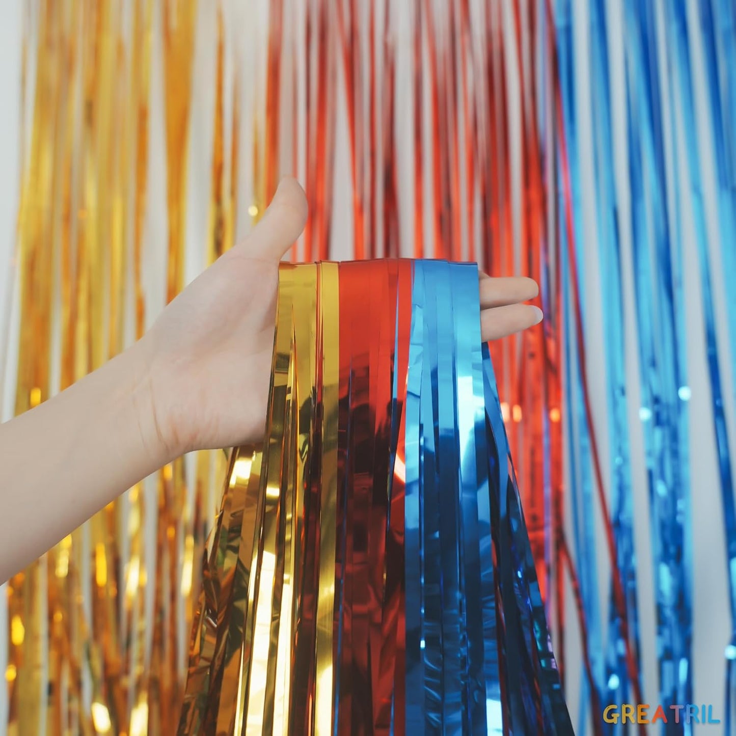 GREATRIL Iridescent Party Tinsel Fringe Backdrop Decorations - Holographic Foil Streamers Curtain for Mermaid/Under The Sea/Frozen/Ocean/Disco/Birthday Themed 3.2ft x 6.5ft - 2 PCS