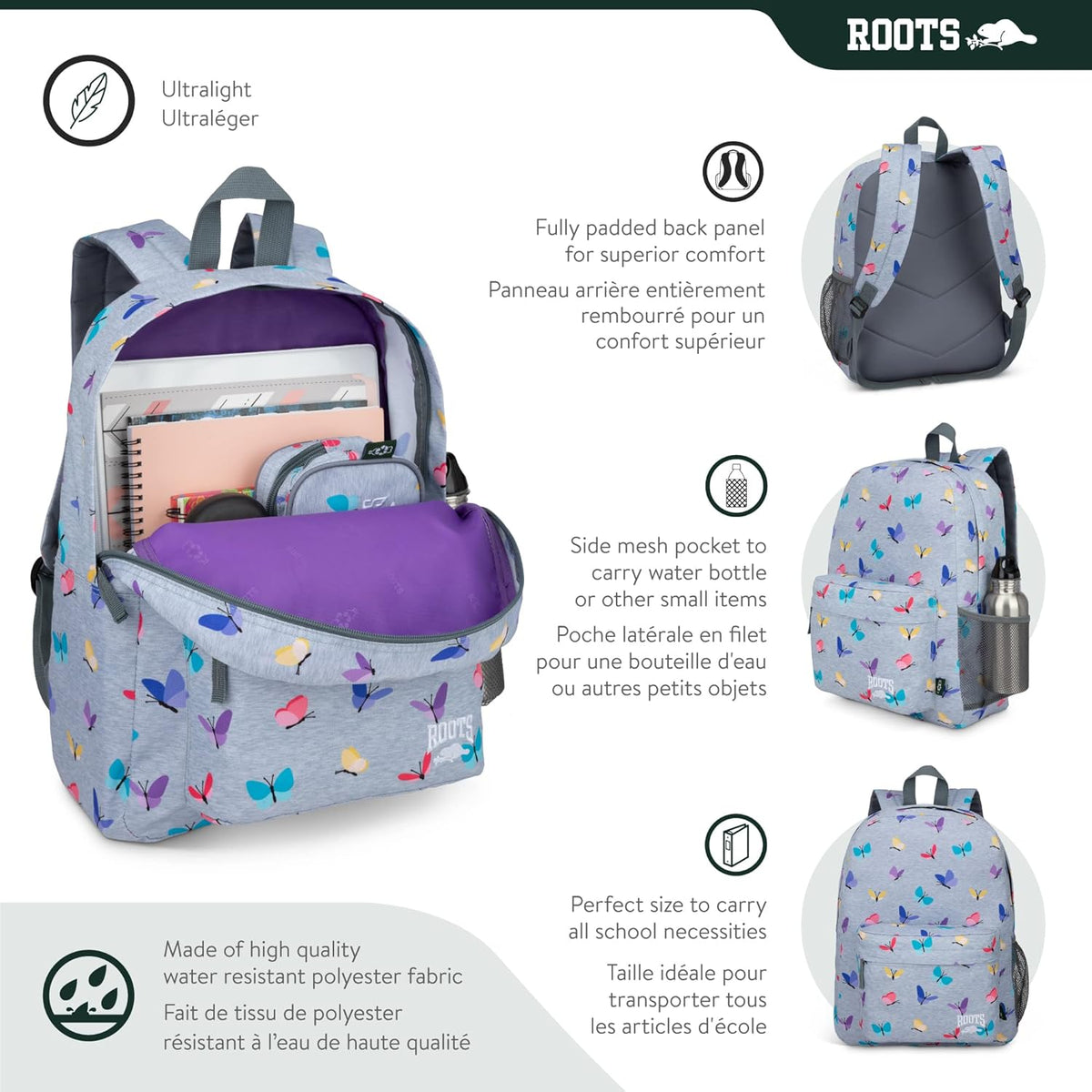 Roots Essential 3-in-1 Matching Water Resistant Kids Backpack and Lunch Bag Set with Bonus Pencil Case - Made From 100% Recycled Fabrics - 22.5 litres, Purple Pink Polka Dot - PuriLite