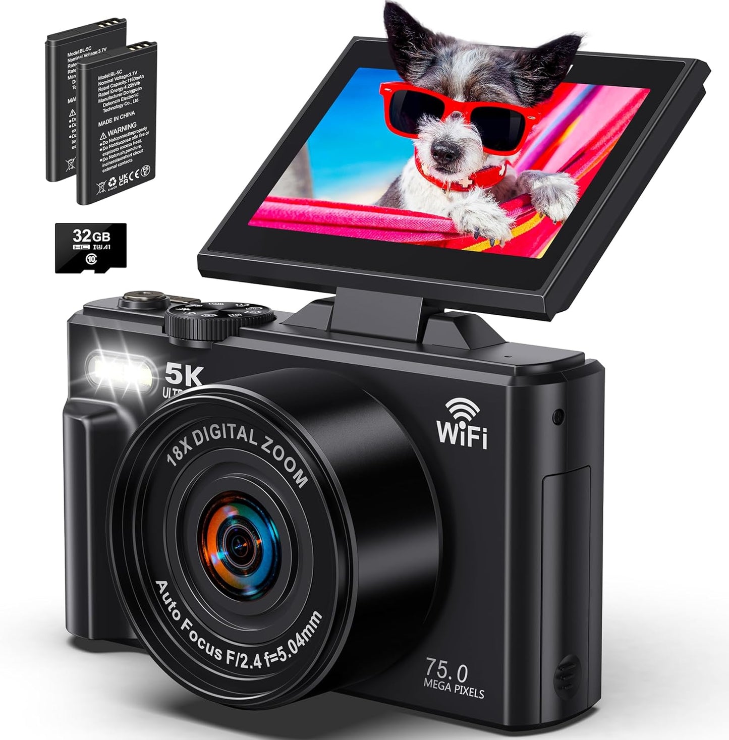 5K Digital Camera for Photography - WiFi 75MP UHD Vlogging Camera for YouTube - Autofocus Video Cameras with 3" 180° Flip Screen - Compact Vlog Travel Camara with 18X Zoom, 32GB SD Card, 2 Batteries