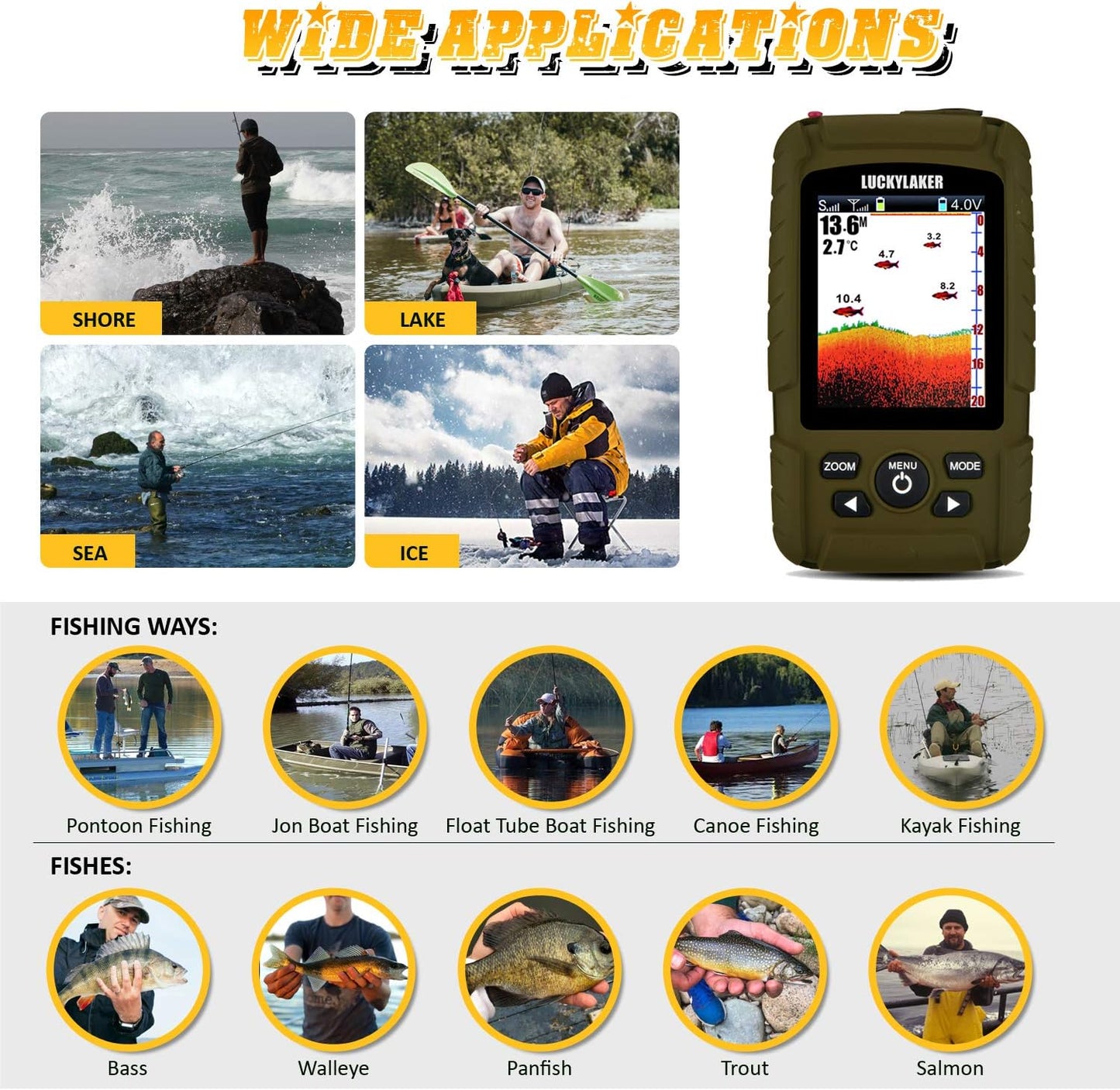 LUCKY Portable Sonar Fish Finder Boat Depth Fishing Fish Finders Waterproof Handheld Wireless Fishing Finder Kayak Transducer Depth Finders for Ice Fishing Sea