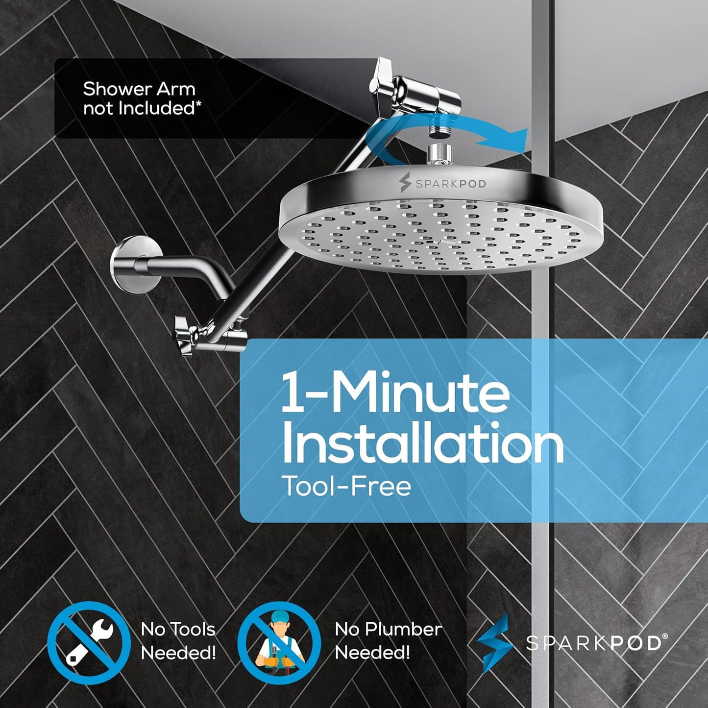 SparkPod Shower Head - High Pressure Rain - Premium Quality Luxury Design - 1-Min Install - Easy Clean Adjustable Replacement for Your Bathroom Shower Heads (Luxury Polished Chrome, 6 Inch Round)