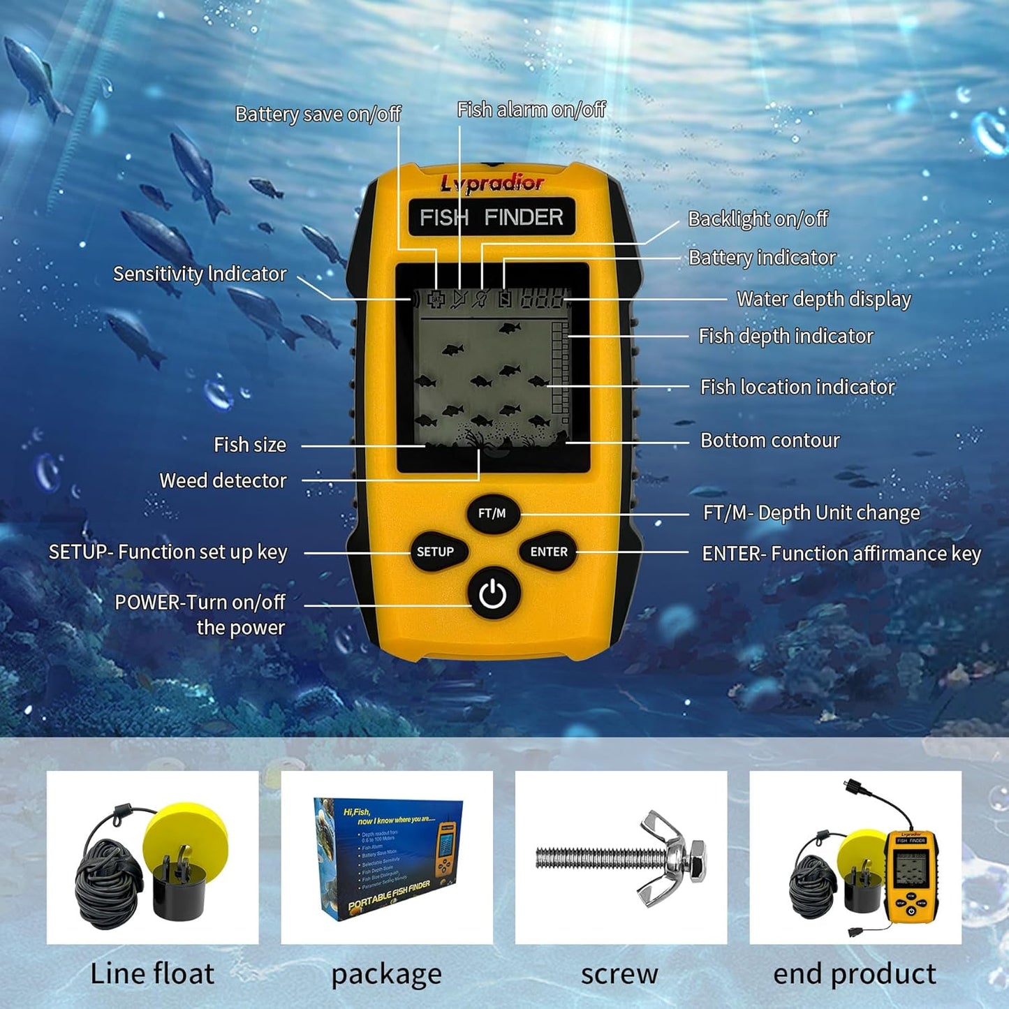 Lvpradior Portable Fish Finder, Wired Castable Kayak Boat Fishing Finder, Ice Fishing Gear Accessories, Handheld Water Depth Fish Finder with Sonar and LCD Display