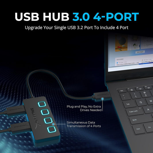 4-Port USB 3.2 Hub with Individual Power Switches | High-Speed USB Splitter with 2ft Cable for Laptop & Desktop