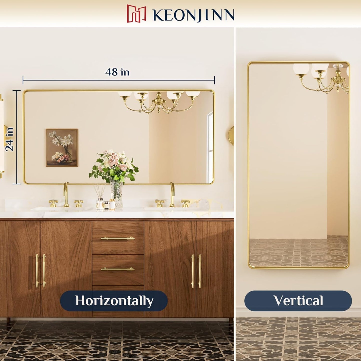 Keonjinn 42 x 36 Brushed Nickel Bathroom Vanity Mirror, Large Rounded Rectangle Bathroom Mirrors for over Sink, Metal Framed Silver Mirror for Wall, Shatterproof HD Tempered Glass(Horizontal/Vertical)
