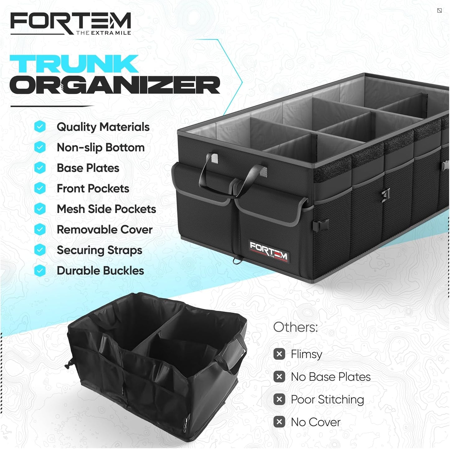FORTEM Car Trunk Organizer, Collapsible Multi Compartment Car Organizer, Foldable SUV Storage for Car Accessories for Women Men, Non Slip Bottom, Securing Straps, Soft Cover 50L (Black, Standard)