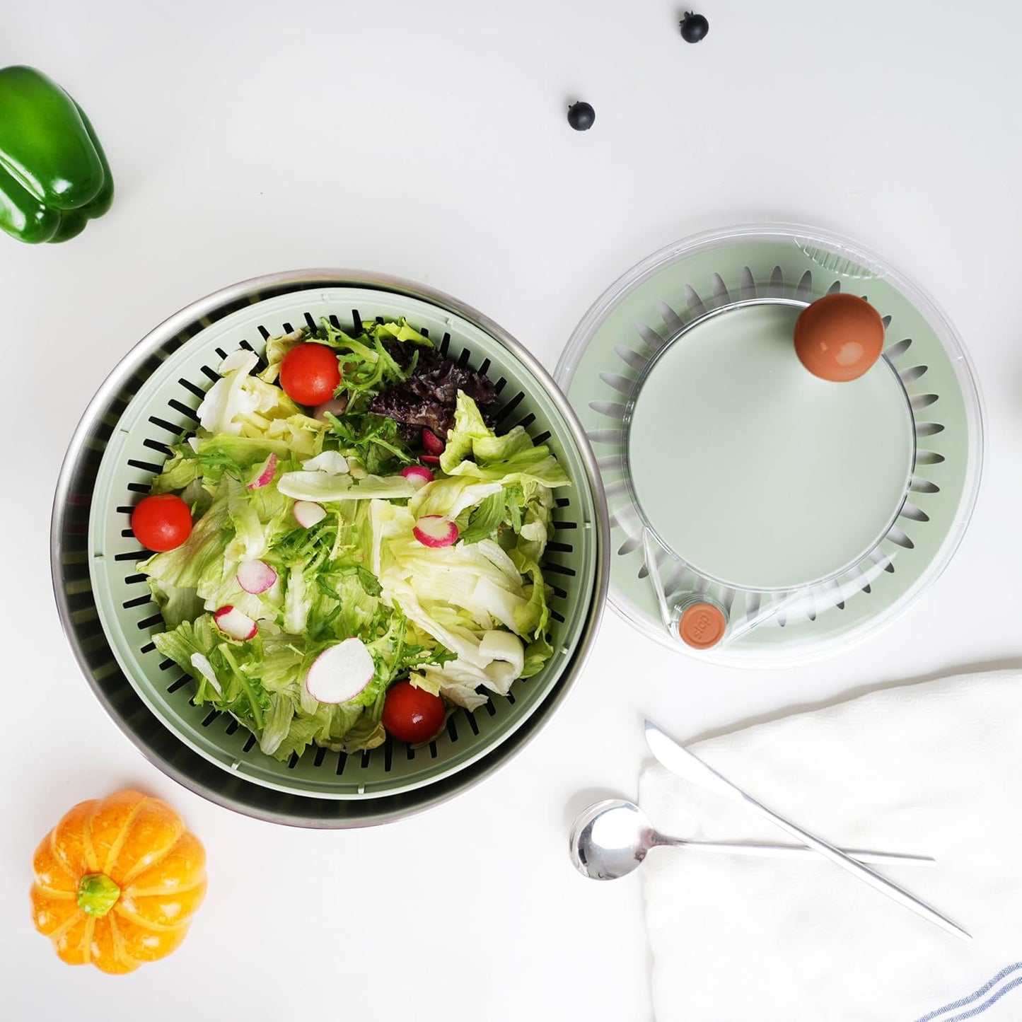 Shatomo Stainless Steel Salad Spinner, 5L Lettuce Spinner with Non-Slip Base, Drain and Stop Button, Fruit and Vegetable Washer and Dryer Spinner