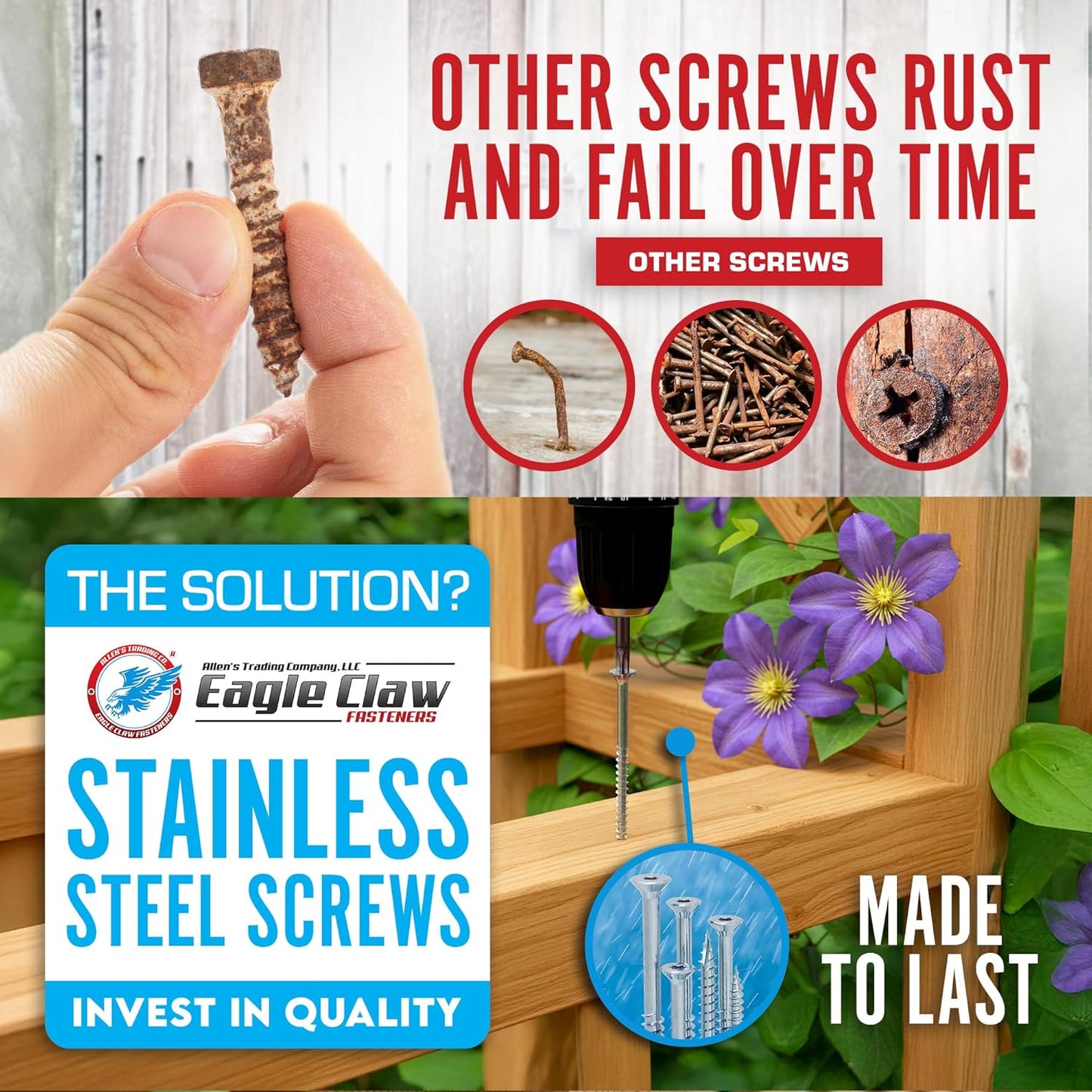 #10 x 3 Inch Stainless Steel Deck Screws 350 Pieces | T25 Star Torx Drive Flat Head | 304 Grade Stainless Steel Wood Screws High Corrosion Resistance by Allen's Trading Co. Eagle Claw Fasteners