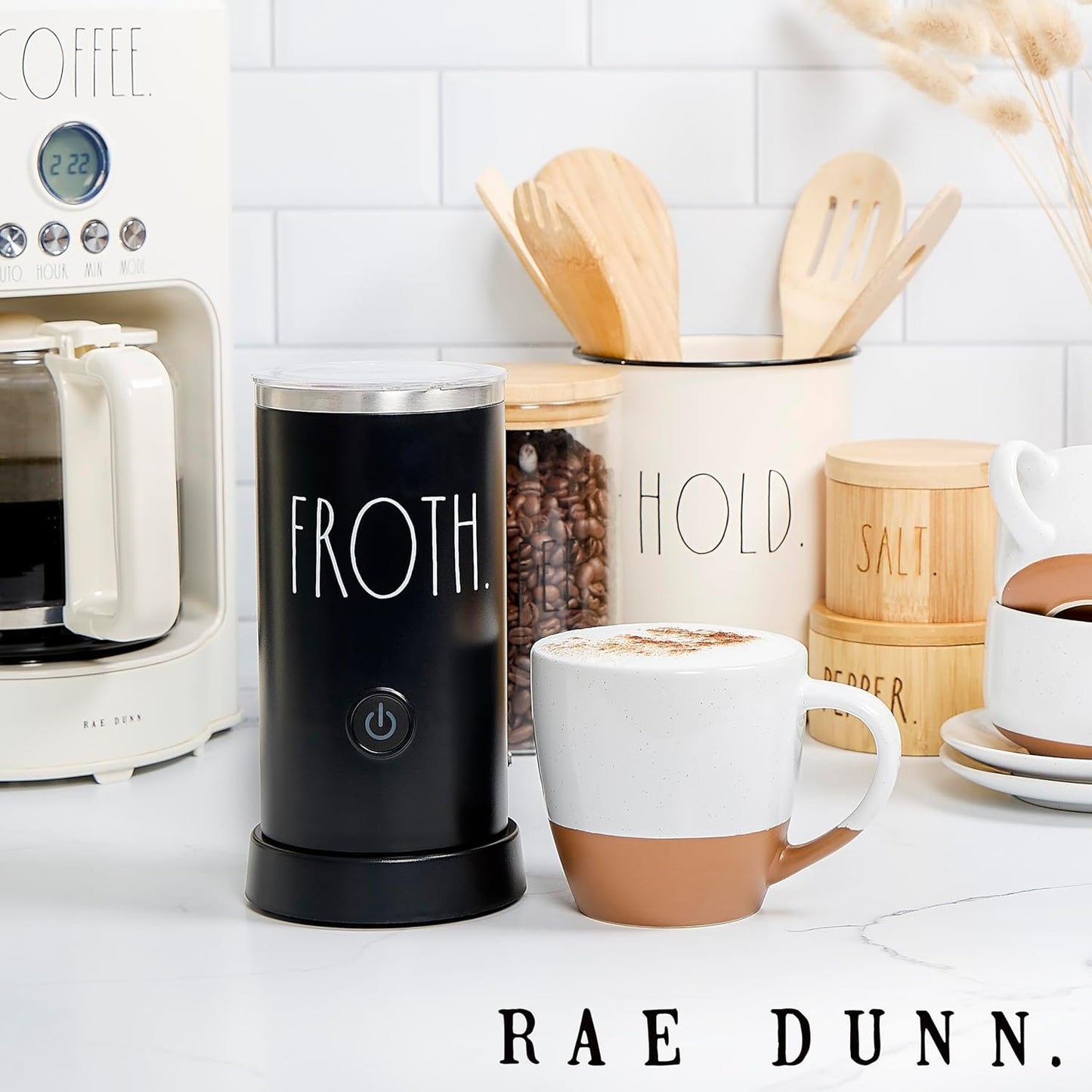 Rae Dunn - Electric Milk Frother - Elegant Automatic Milk Steamer and Frother, Milk Warmer, Hot and Cold Frothing Machine for Coffee, Latte, Cappuccino, Macchiato,