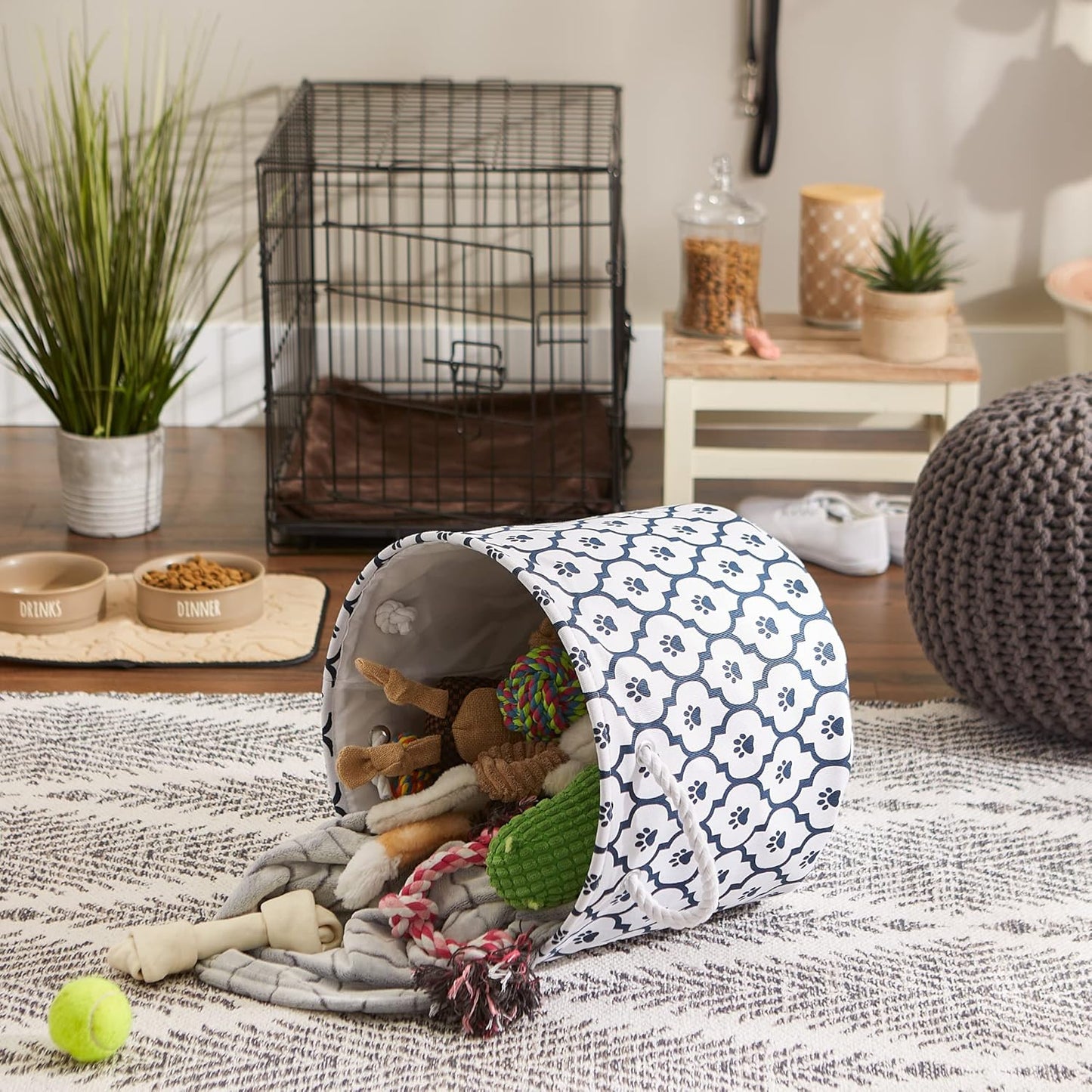 DII Bone Dry RoundSmall Pet Toy and Accessory Storage Bin, 12"(Dia) x9(H), Collapsible Organizer Storage Basket for Home Decor, Pet Toy, Blankets, Leashes and Food-Gray Stripes