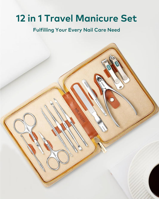 Manicure Set, Pedicure Sets, Nail Clipper Sets, Stainless Steel Professional Nail Cutter Kits with Travel Case (12 Count) - PuriLite
