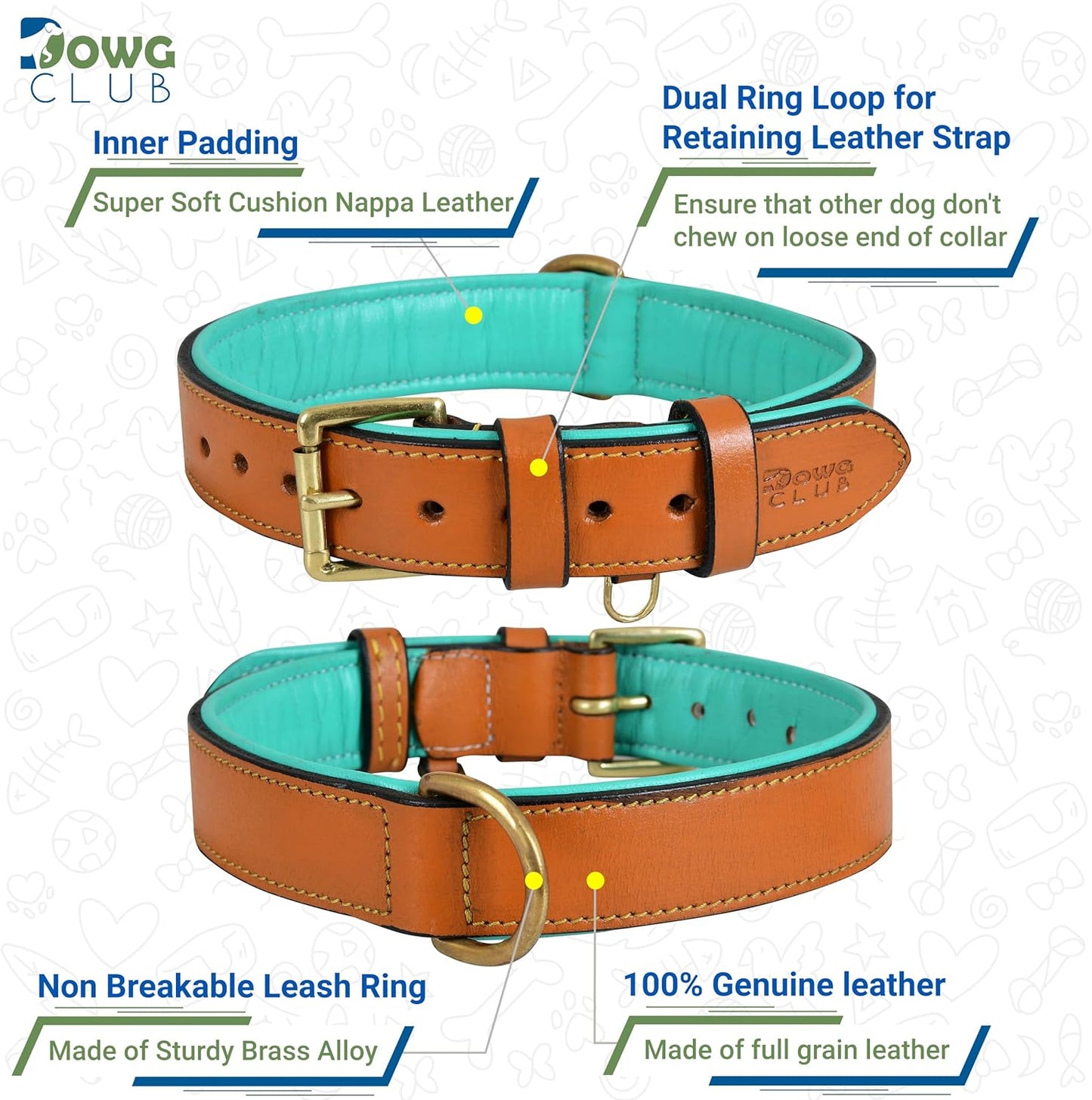 DowgClub | Genuine Leather Dog Collar | Full Grain, Heavy Duty | Comfortable, Strong | Best for Pups, Small, Medium & Large Breeds | Pink, Brown, Black, Tan