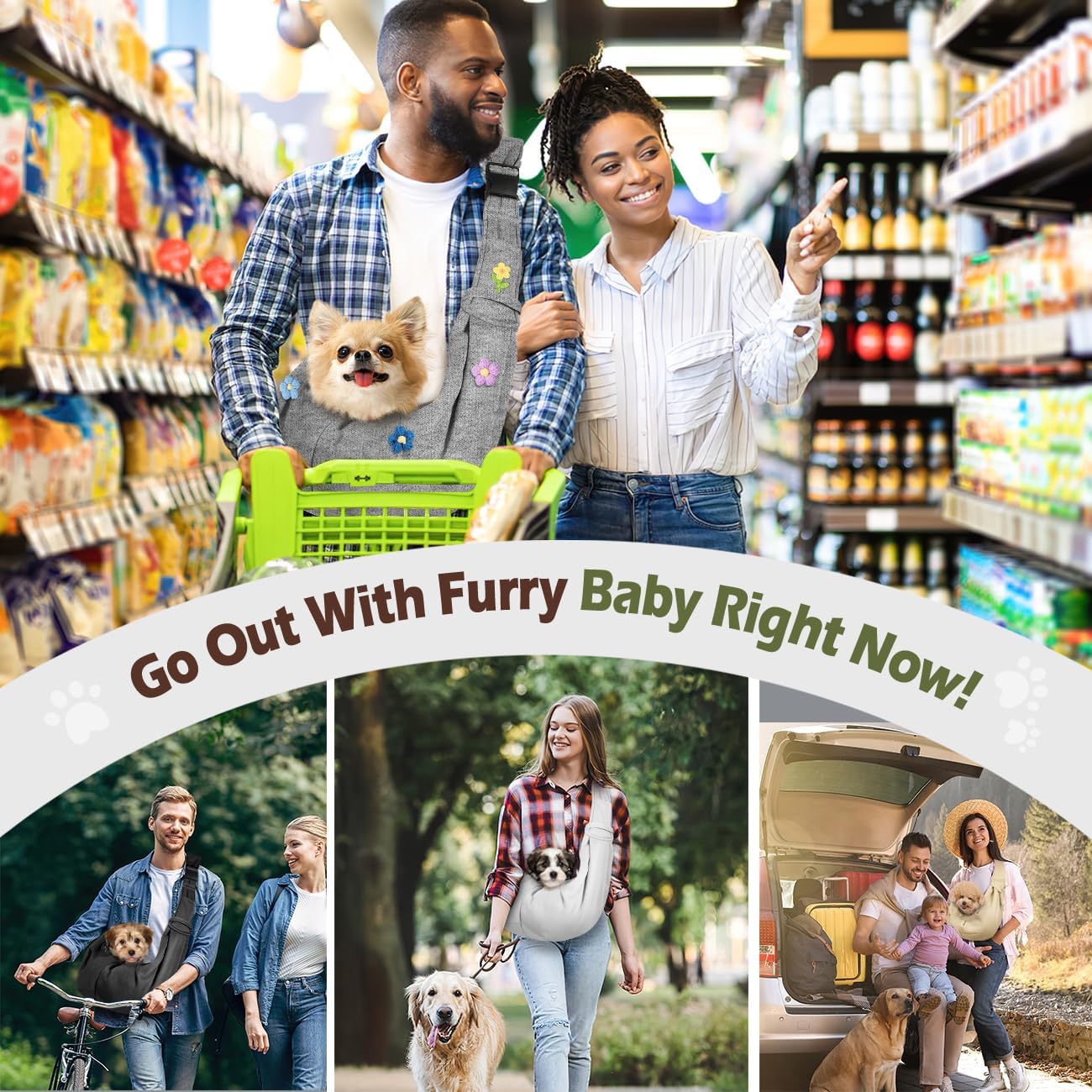 Pawaboo Small Dog Sling Carrier, Reversible Hands Free Dog Sling Carrier for Small Dogs and Cats, Puppy Sling Carrier with Adjustable Strap Buckle & Safety Harness, Puppy Essentials, Grey
