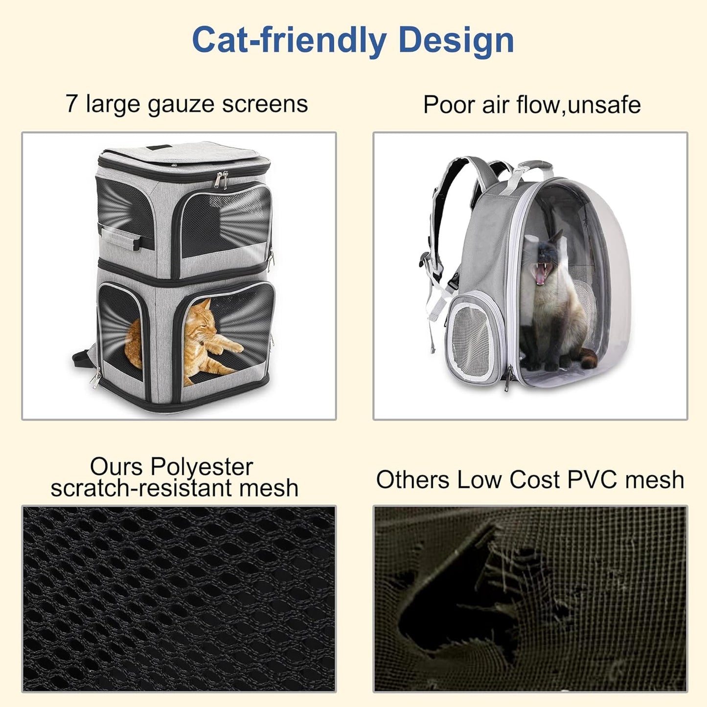 Pet Backpack Carrier Double-Compartment, Portable Pet Cat Carrier Travel for 2 Small Cats or Dogs, Breathable Large Size Cat Carrier Backpack, Perfect for Travel/Hiking/Camping/Walking Outdoor, Grey