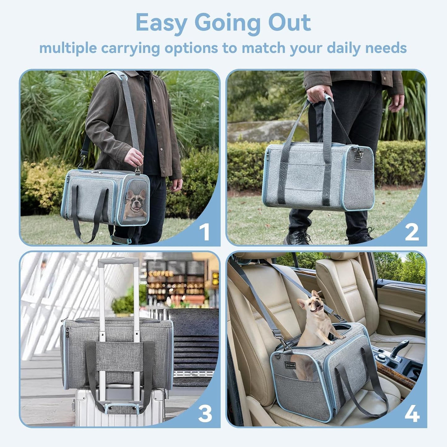 Petsfit Expandable Cat Dog Carrier Airline Approved, 17" L x 11" W x 11" H Soft-Sided Portable Pet Travel Carrier for Kitten, Puppy, Removable Soft Plush Mat and Pockets, Auto-Locking Zippers