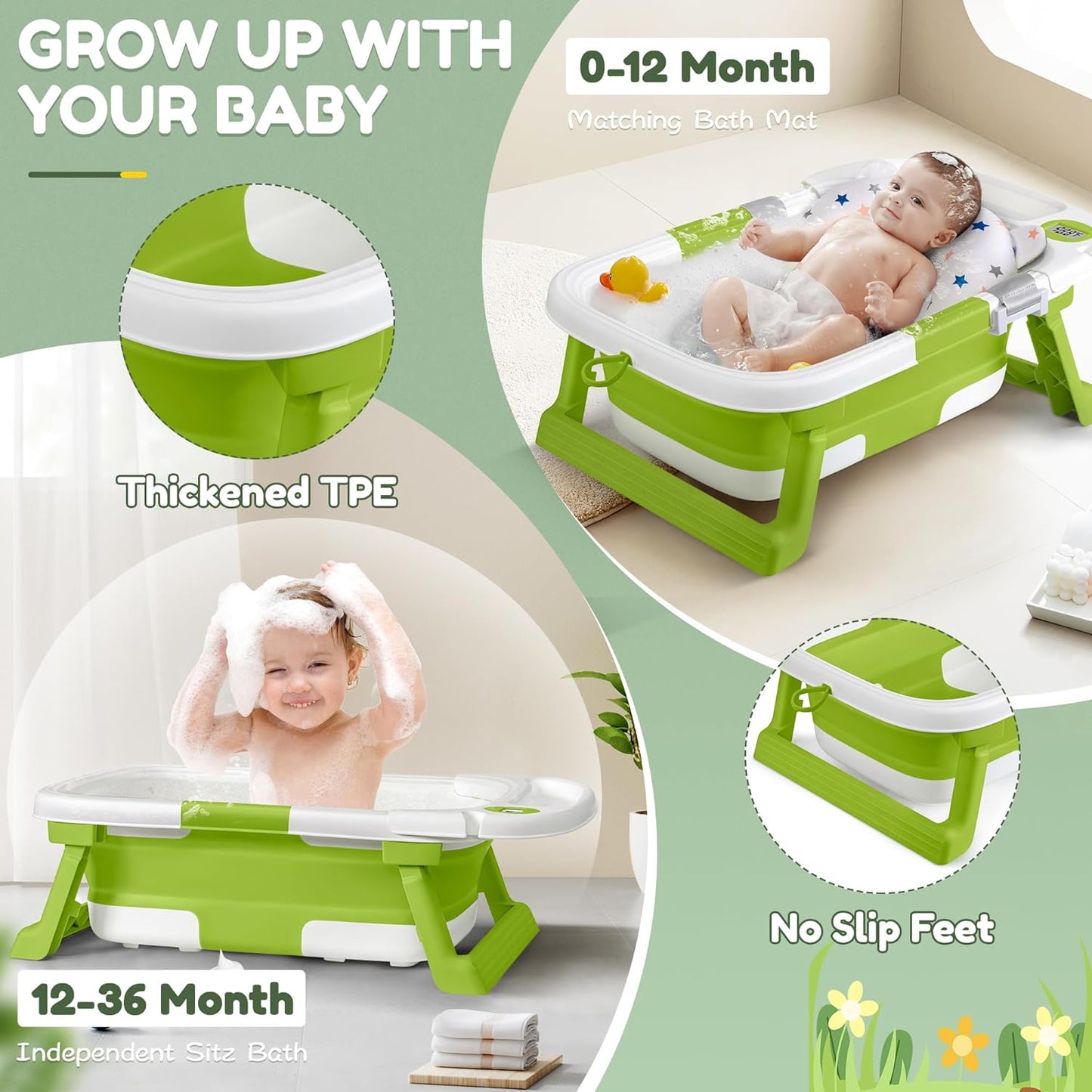 Collapsible Baby Bathtub,Baby Bath Tub with Thermometer & Soft Cushion,Baby Bathtub for Newborn to Toddler 0-36 Months,Portable Travel Baby Tub with No-Slip Feet,Baby Shower Gifts,Lavender