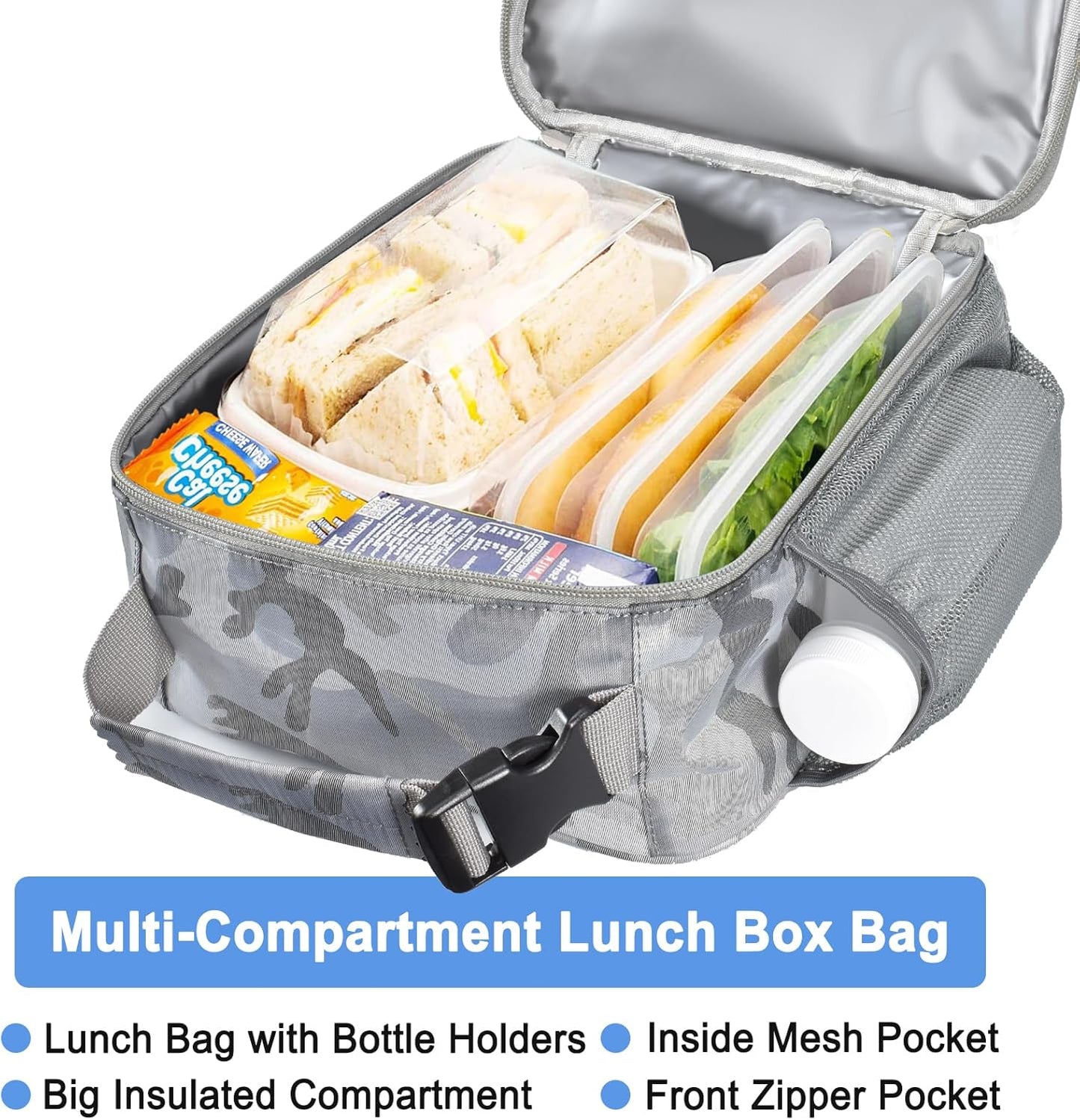 Insulated Lunch Bag, Leakproof Portable Lunch Box for Women Men Boys Girls, Large Capacity Cooler Bag with Handle and Bottle Pocket for Office School Camping Hiking Outdoor Beach Picnic (Black)