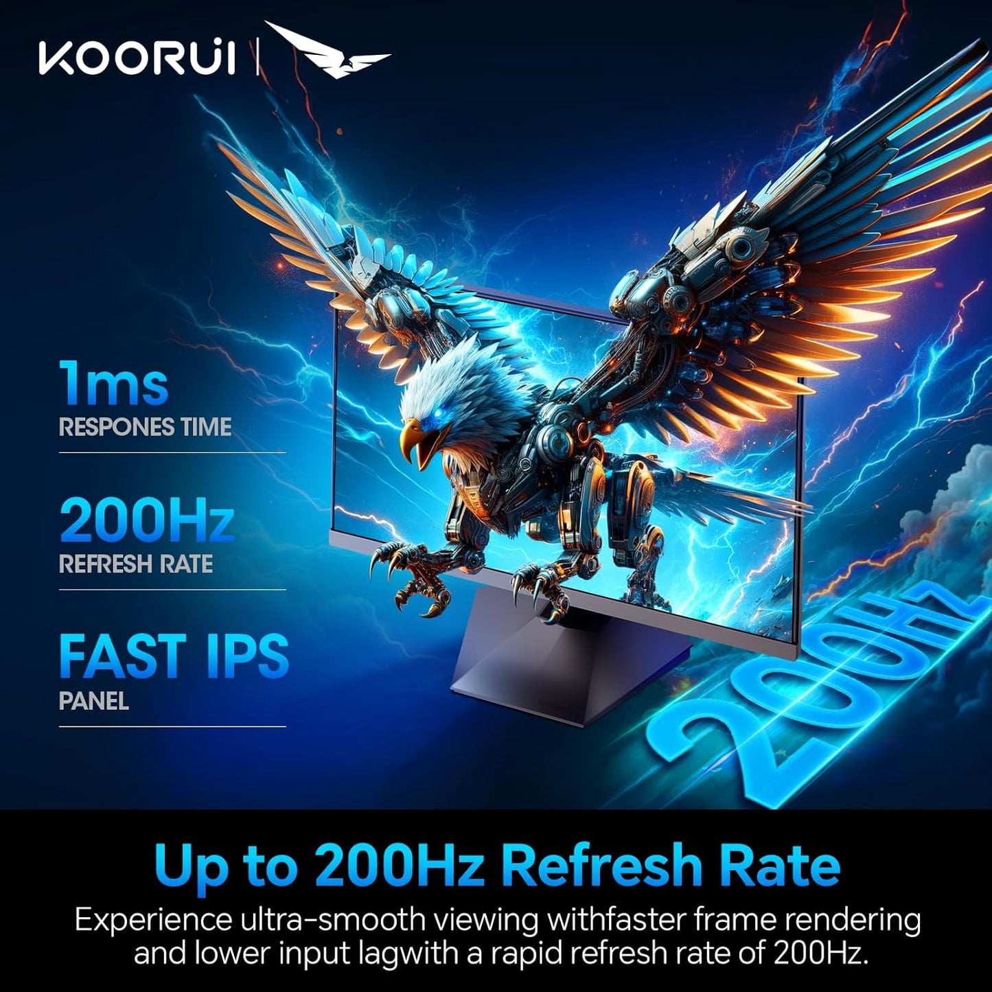 KOORUI Monitor 27 inch QHD 2K Fast IPS Gaming Monitor, 200Hz 1ms, HDR400,95% DCI-P3,Adaptive Sync,Tilt Pivot Swivel Vertical Height Adjustable,HDMI 2.0 &DP 1.4 Ports, G2722P, Black