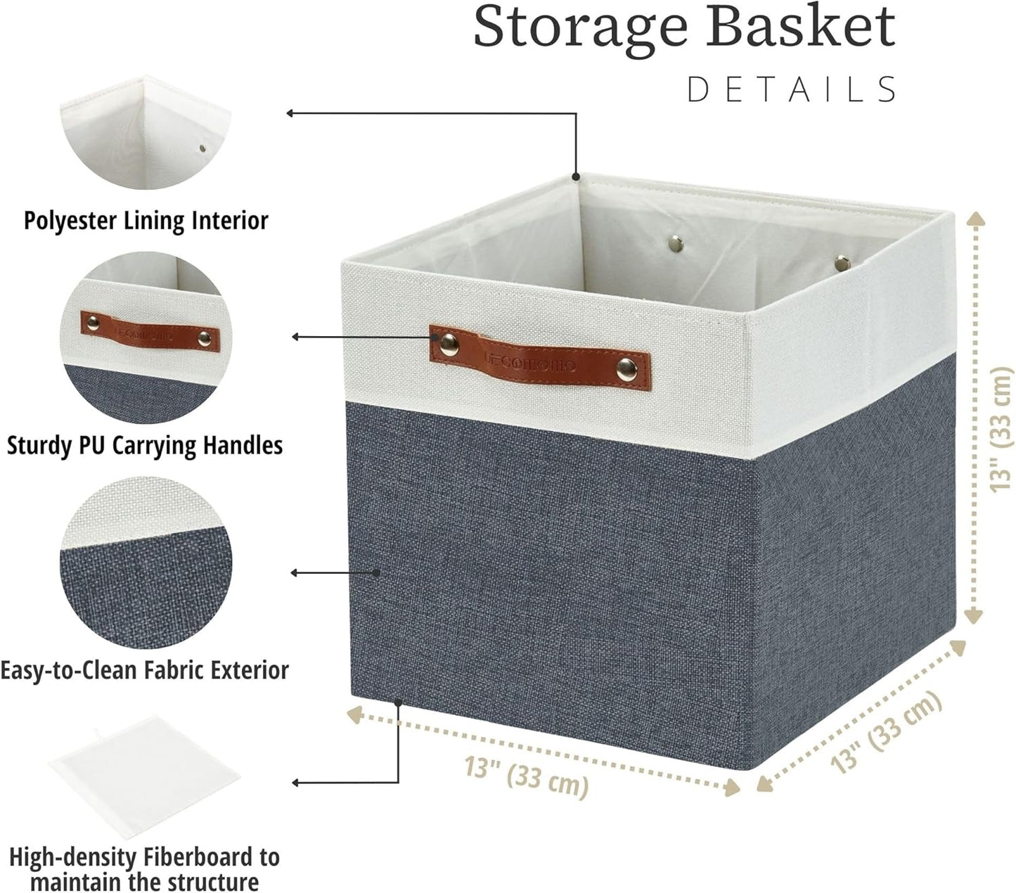 DECOMOMO Fabric Cube Storage Bin - Storage Baskets for Shelves, Kallax (Grey & White, 13 inch Cube) - 4 Pack