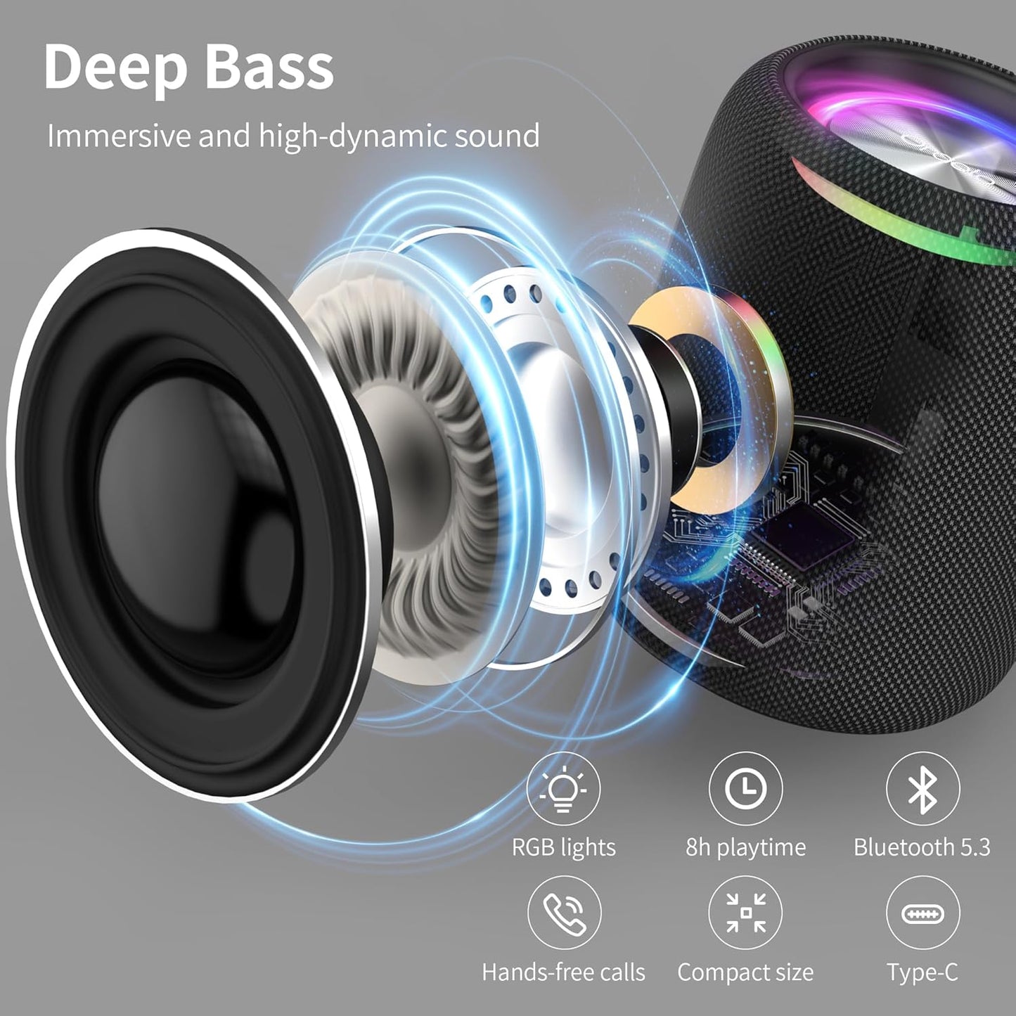 Oraolo Bluetooth Speaker, Portable Bluetooth Speakers with Immersive Audio, LED Lights, 8H Playtime, Bluetooth 5.4, Support TWS TF USB, IPX6 Waterproof Wireless Speakers for Outdoor Camping Home