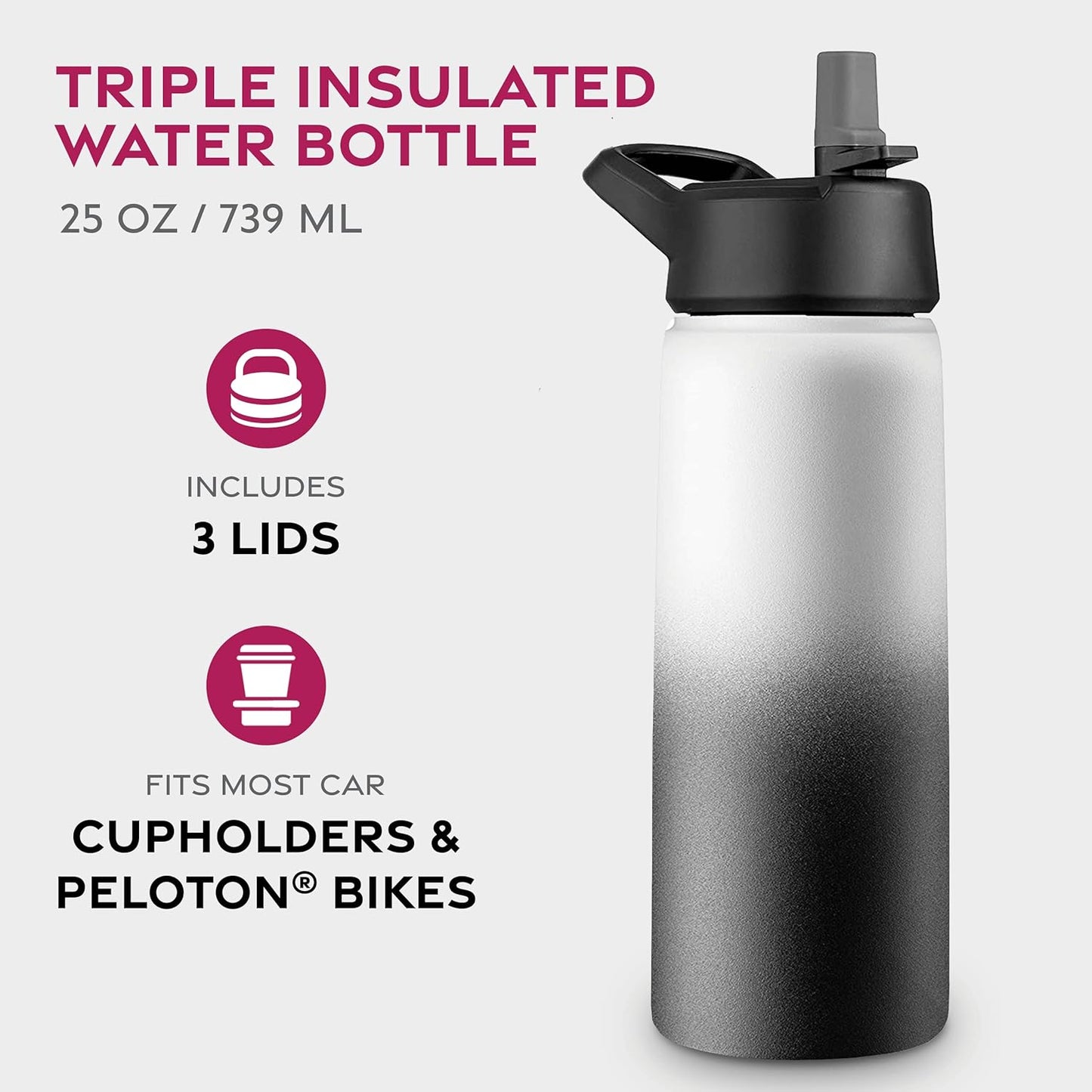 FineDine Water Bottle - Stainless Steel Insulated Water Bottle with Straw Lid, Flip Lid & Wide-Mouth Cap - Keeps Hot and Cold - 25 Oz / 739ml - Pure Pearly White