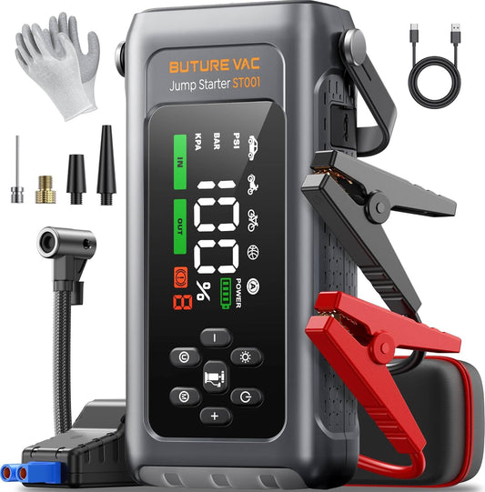 9-in-1 5000A 150PSI Car Battery Booster Jump Starter with Air Compressor (All Gas/9L Diesel), Portable Car Battery Booster Pack, Safe Durable Car Jump Starter with Extended Jumper Cables, Glove, Light