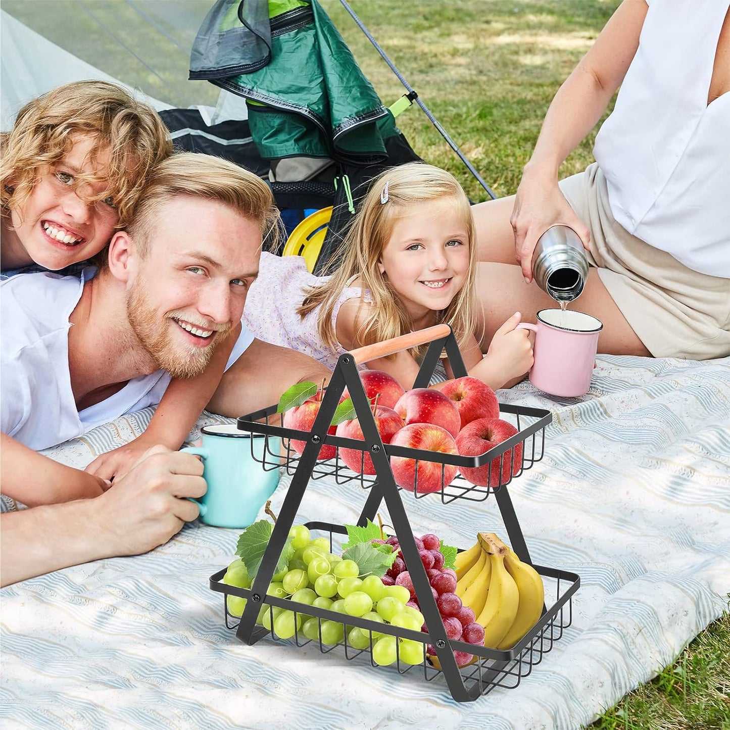 2 Tier Countertop Fruit Basket,Portable Fruit Bowle Basket for Kitchen Organizer Storage & Dining Room Fruits Vegetable Bread Snacks,MAHUEEOL Detachable Metal Rectangle Basket Storage