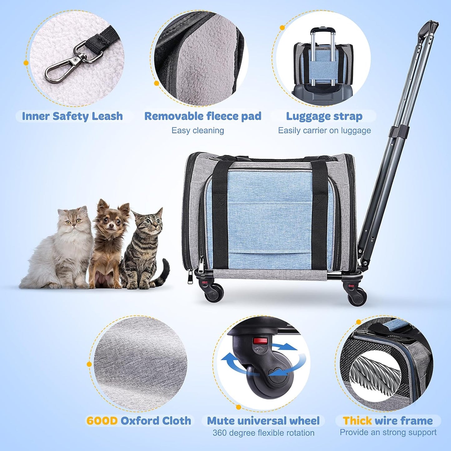 Pet Carrier Airline Approved on Wheels - Two Sided Expandable Cat Soft Carrier for Puppy and Cats Under 26lbs, Rolling Cat Carrier for Airplane, Camping, Outdoor(Pink)