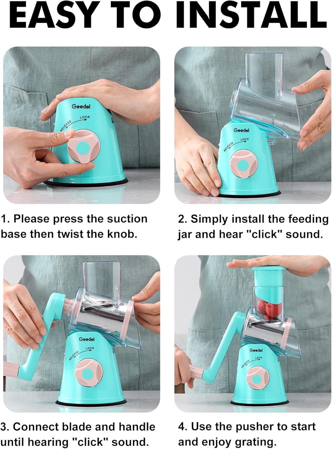 Geedel Kitchen Cheese Grater, Rotary Mandoline Vegetable Slicer with Interchangeable Blades, Easy to Use Rotary Grater Slicer for Fruit, Vegetables, Nuts
