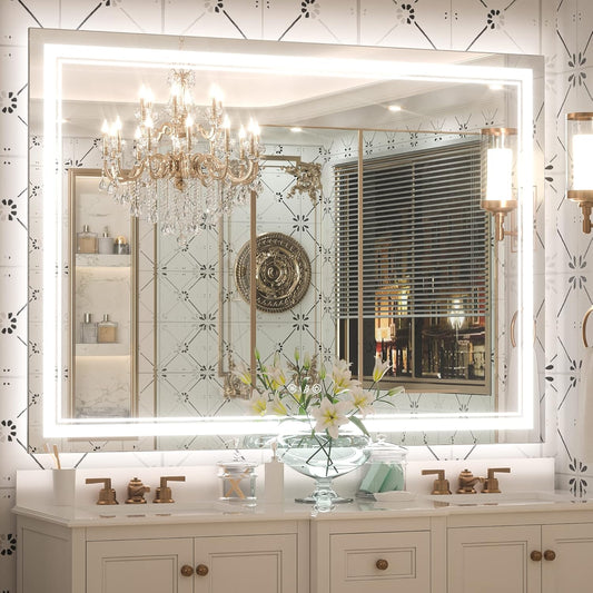 Keonjinn LED Bathroom Mirror 48” x 36” with Frontlit and Backlit, Stepless 3 Colors Temperature & Dimmable Wall Mirror, UL Listed LED Driver, Anti-Fog, Double Lights, Frameless Bathroom Vanity Mirror