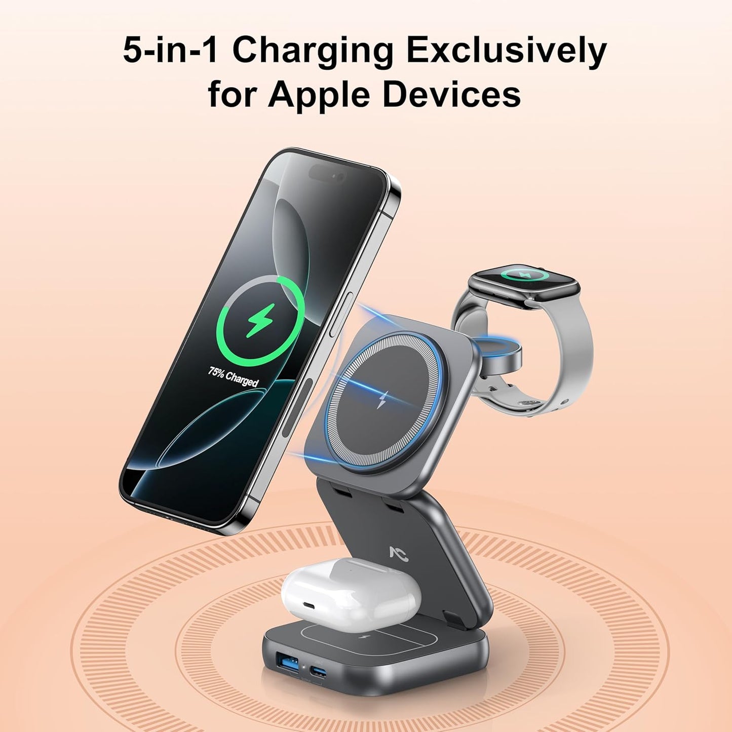 5-in-1 Wireless Charger for Magsafe, AC ISLAND Aluminum Travel Charging Station for Apple, 15W Snap Magnetic Multi Charging Stand Dock for iPhone 16/15/14/13 Apple Watch AirPods (with 35W GaN Adapter)