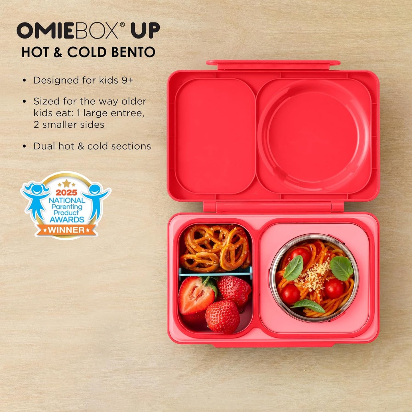 OmieBox UP bento box for kids | Insulated lunch box | Insulated food jar | Cooler ice pack | 2 Compartments (Cherry Pink)