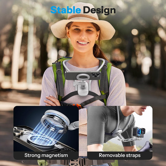 OMOTON Magnetic Phone Holder Neck Mount, POV/VLOG Selfie Cellphone Stand for Live Streaming & Video Recording with Chest Strap Fits for Magsafe iPhone Air/17/16/15/14 Series/Insta360 - PuriLite