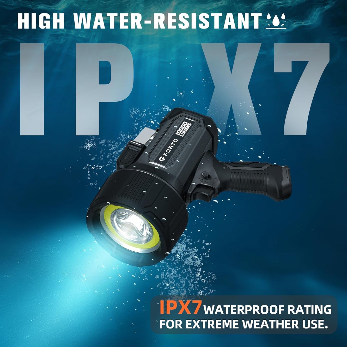 FORTO Rechargeable Spotlight 5000LM, IPX7 Waterproof Flashlight with 5200mAh Long-Lasting Battery, 7 Modes Handheld Light with EVA Case, for Boat, Hunting, Emergency, Outdoor Use