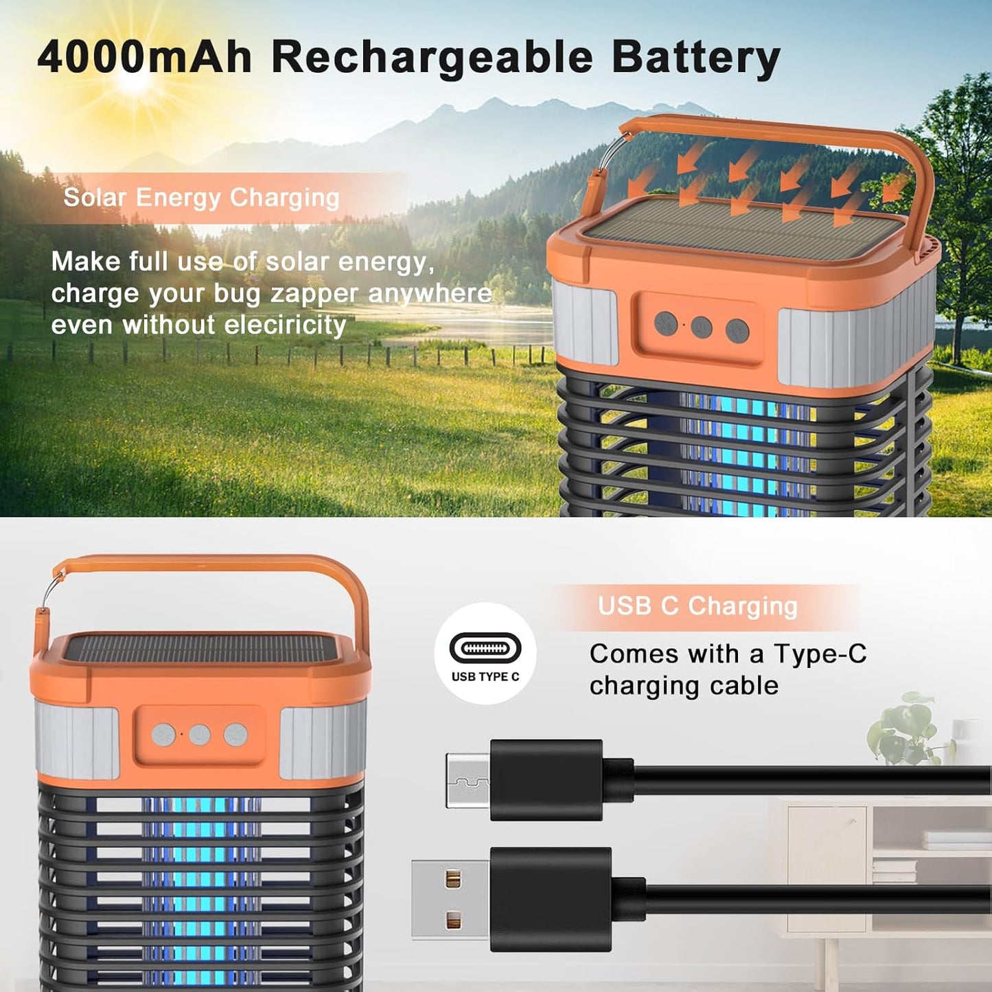 Mosquito Zapper, Solar Bug Zapper 4200V Cordless & Rechargeable Bug Zapper Outdoor with LED Light, Portable Waterproof Electric Fly Zapper with Hook, for Patio Camping Backyard Garden