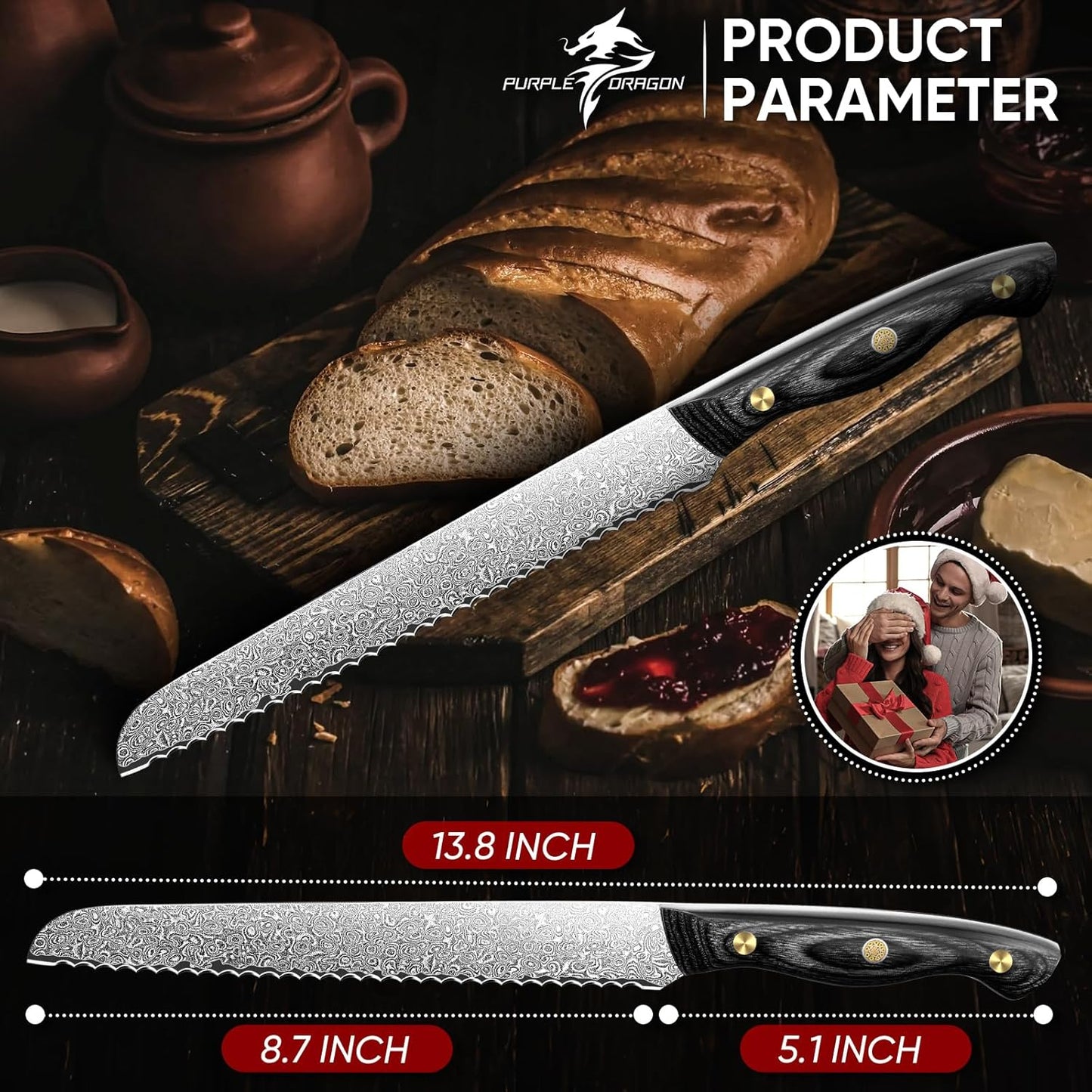 Purple Dragon Damascus Fish Fillet Knife - 7 inch Flexible Boning Knife with VG10 Core, Kitchen Slicing Knife with Full Tang Handle, Birthday Dad Mom Gift