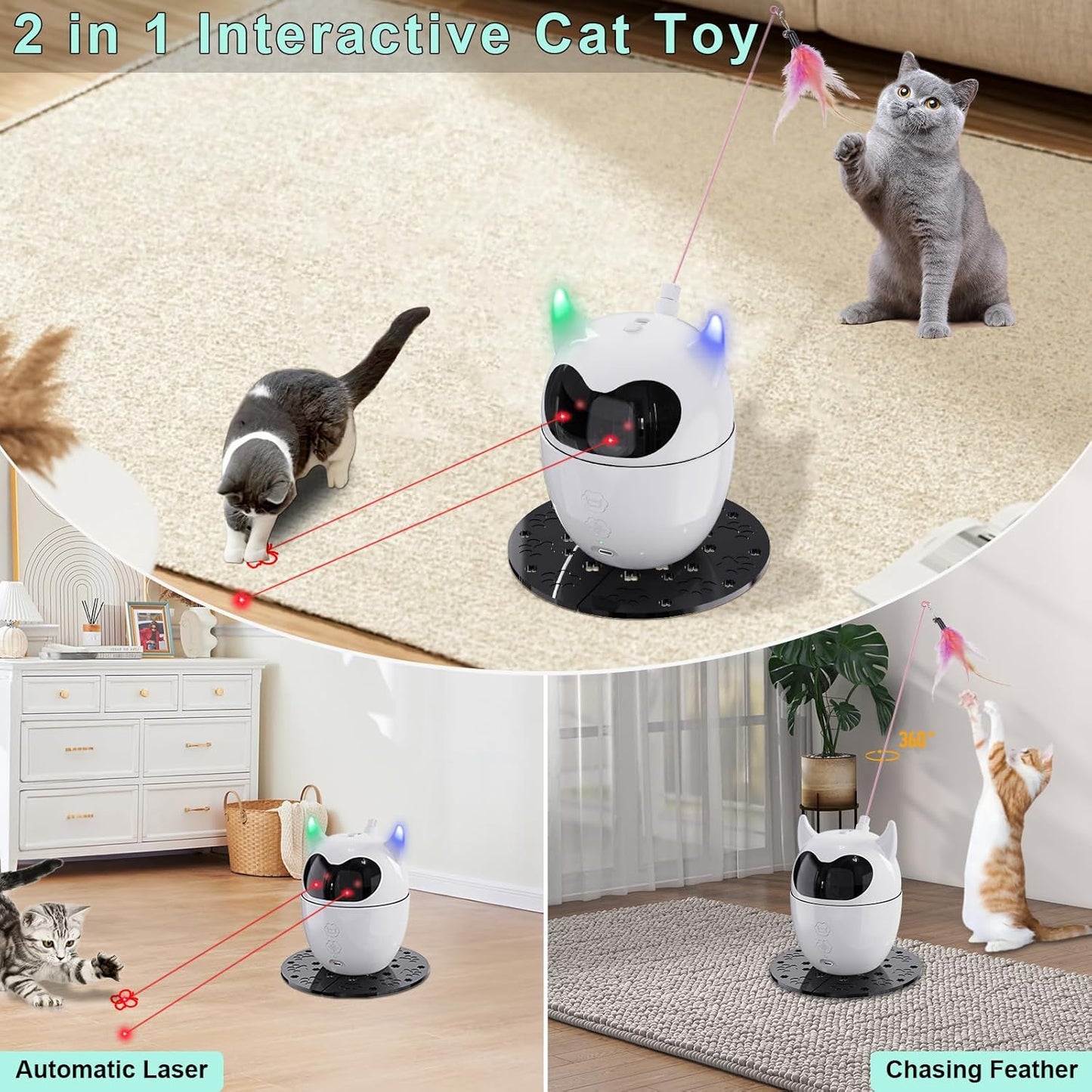 Automatic Cat Toy, 2in1 Rechargeable Interactive Cat Toy - Rotating Feather & Dual Laser, Remote Control, Cat Laser Toy for Indoor Cats Kittens