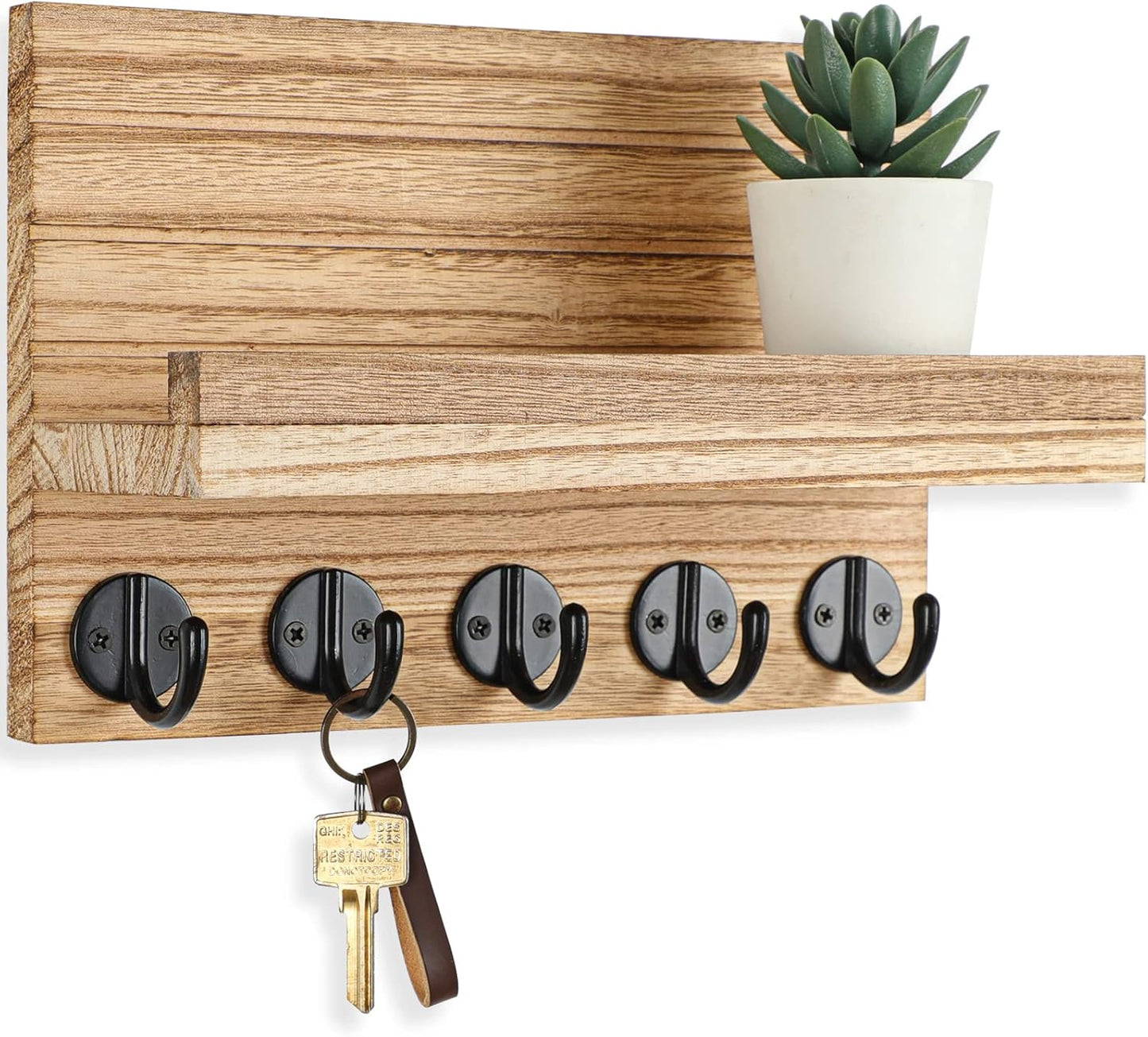Lwenki Key Holder for Wall, Decorative Key and Mail Holder with Shelf Has Large Key Hooks for Bags, Coats, Umbrella – Paulownia Wood Key Hanger with Mounting Hardware (Black)