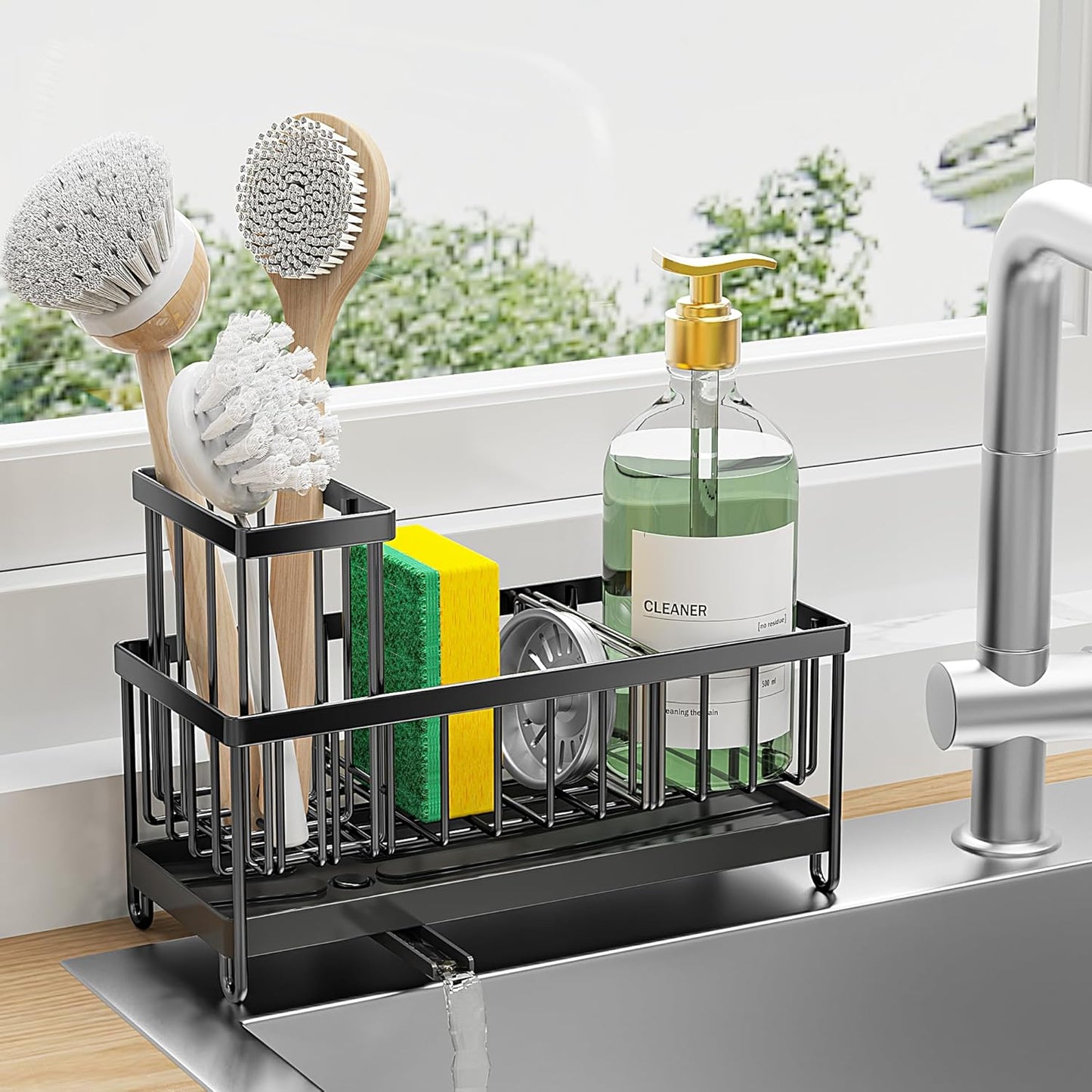 Cisily Sponge Holder for Kitchen Sink, Sink Caddy with High Brush Holder, Organzier Rustproof 304 Stainless Steel Dish Organizer Divider, Soap Dispenser Storage (Black)