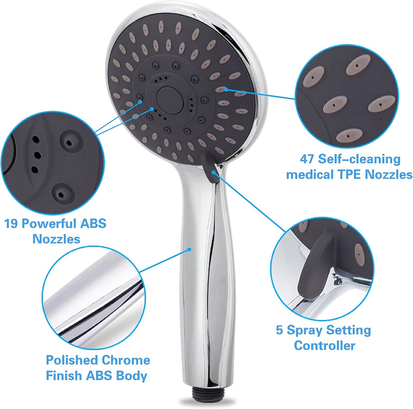 Shower Head, High Pressure Handheld Showerhead with Hose, 5 Settings Chrome Finished Hand Held Rainfall Shower Set- Including Bracket Teflon Washer