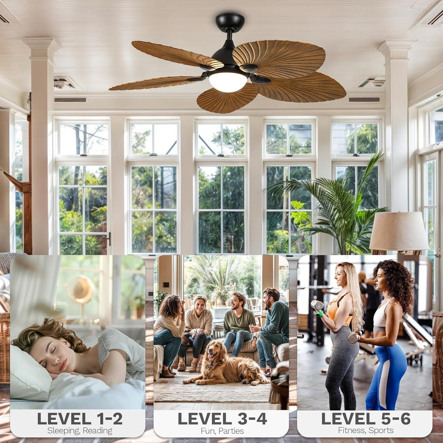 DWVO 52" Ceiling Fans with Lights, Tropical Ceiling Fan with Lights and remote, LED Tri-Color Temperature, Reversible 6 Speeds w/Quiet DC Motor for Living Room, Dining Room, Bedroom