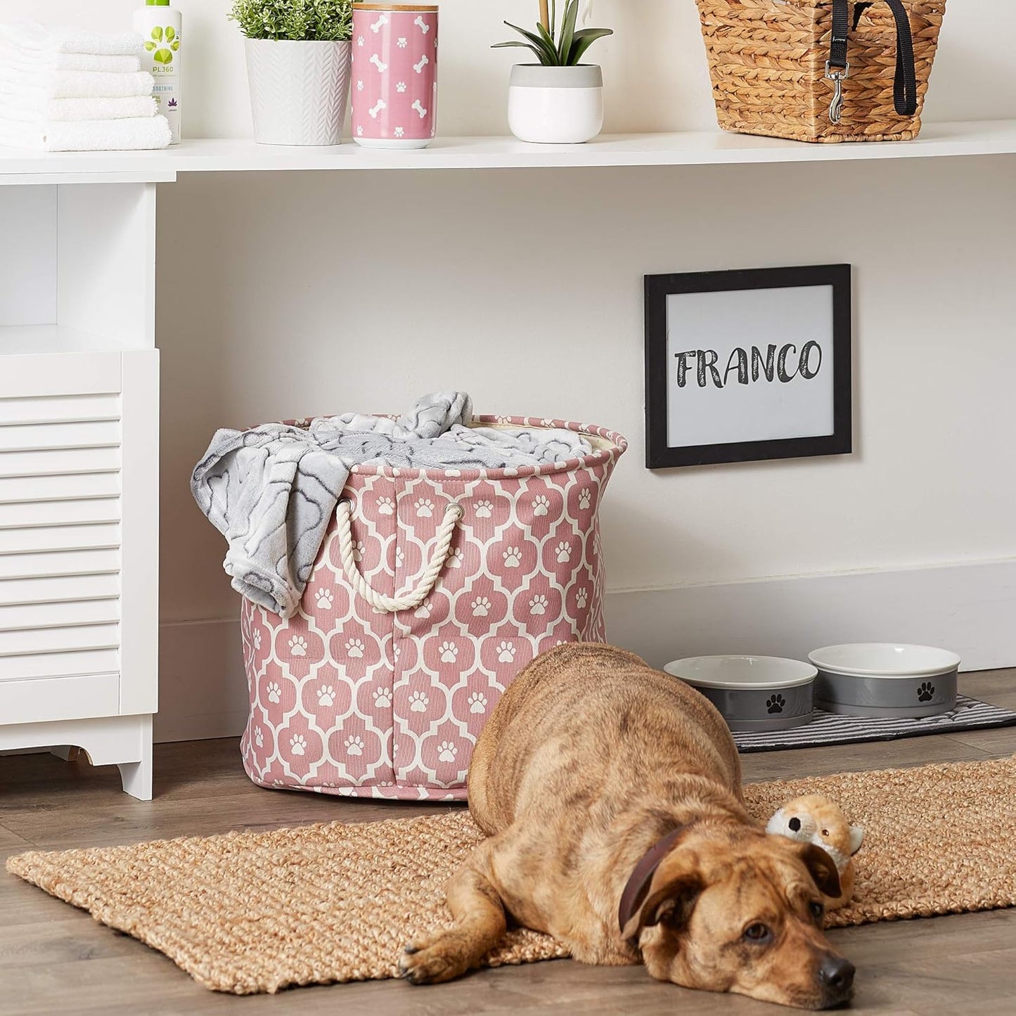 DII Bone Dry RoundSmall Pet Toy and Accessory Storage Bin, 12"(Dia) x9(H), Collapsible Organizer Storage Basket for Home Decor, Pet Toy, Blankets, Leashes and Food-Gray Stripes