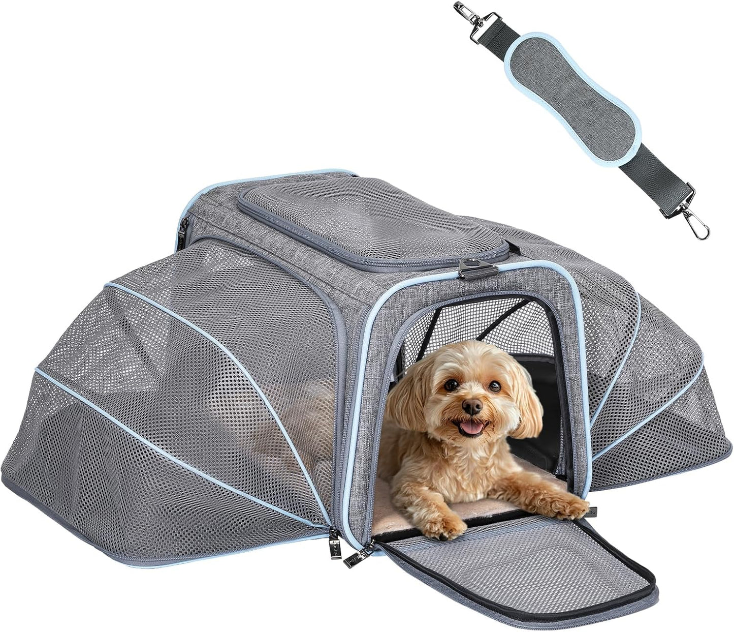 Petsfit Expandable Cat Dog Carrier Airline Approved, 17" L x 11" W x 11" H Soft-Sided Portable Pet Travel Carrier for Kitten, Puppy, Removable Soft Plush Mat and Pockets, Auto-Locking Zippers