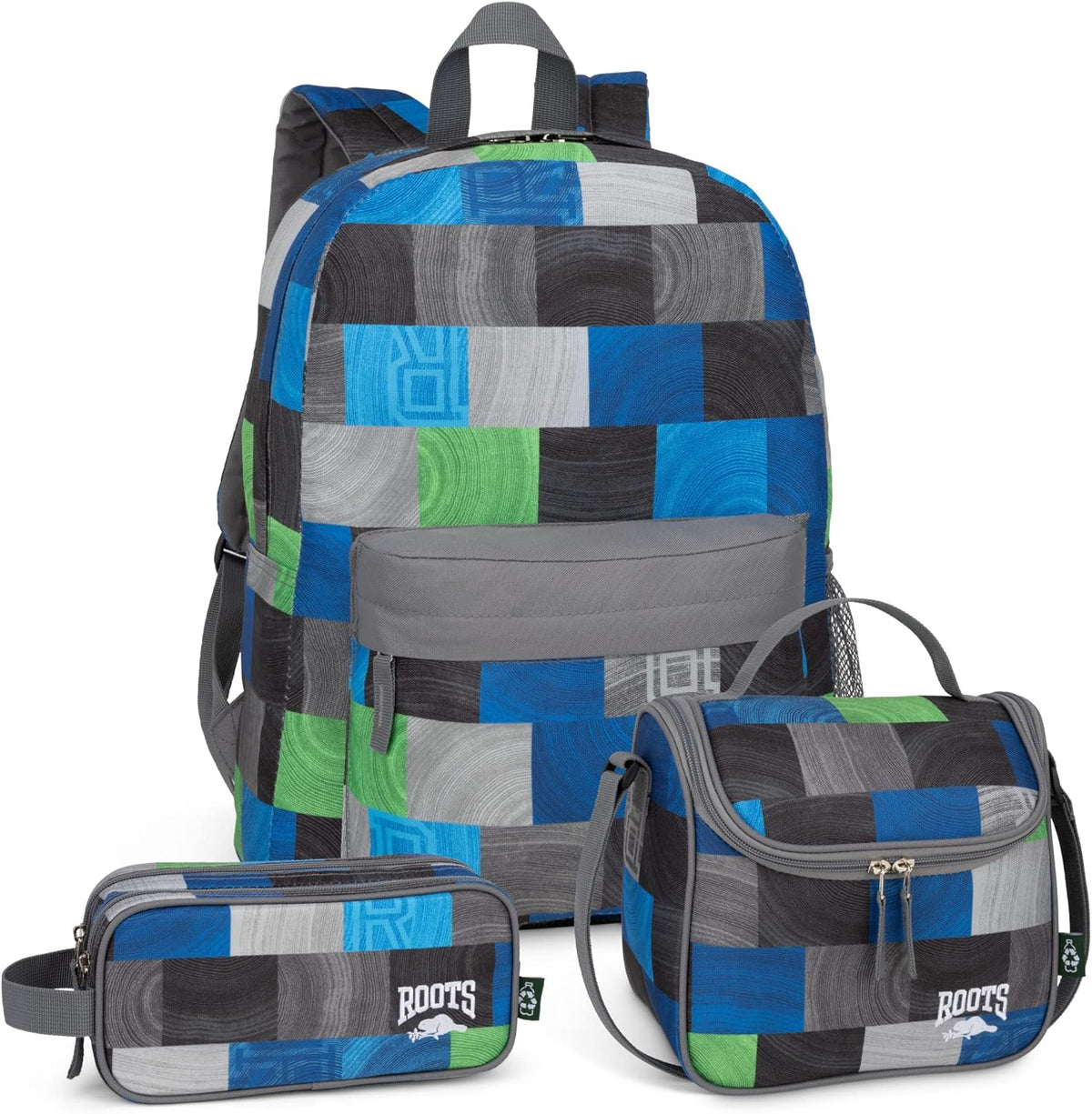 Roots Essential 3-in-1 Matching Water Resistant Kids Backpack and Lunch Bag Set with Bonus Pencil Case - Made From 100% Recycled Fabrics - 22.5 litres, Purple Pink Polka Dot - PuriLite